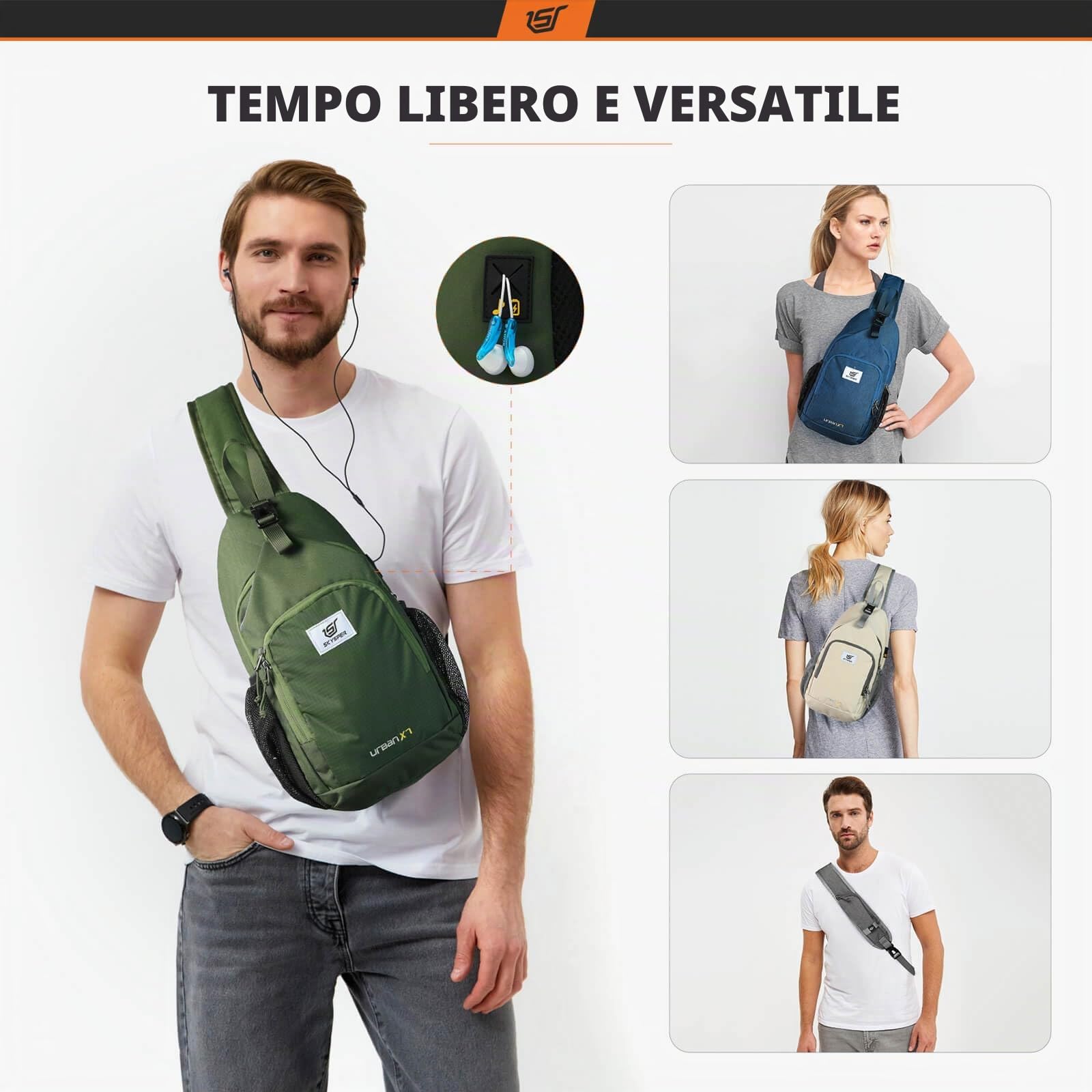 SKYSPER Zaino Monospalla con Protezione FRID, Marsupio Antifurto Zaino a Tracolla per Uomo Donna Viaggio Passeggiata