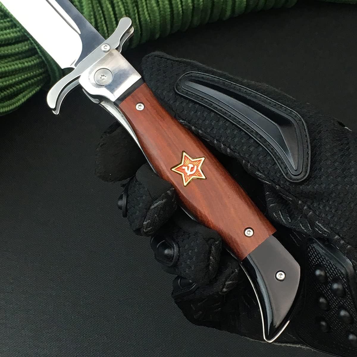 Manual Open Folding Pocket Knife with Leather Sheath, 440C Steel Mirror