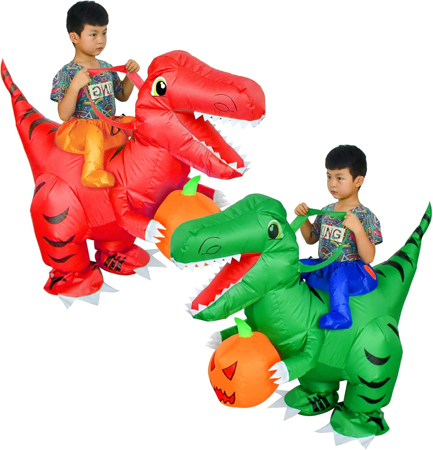 Paquete de 2 disfraces inflables de dinosaurio para niños, montar en T Rex inflable divertido vestido de fiesta de Halloween (rojo verde)