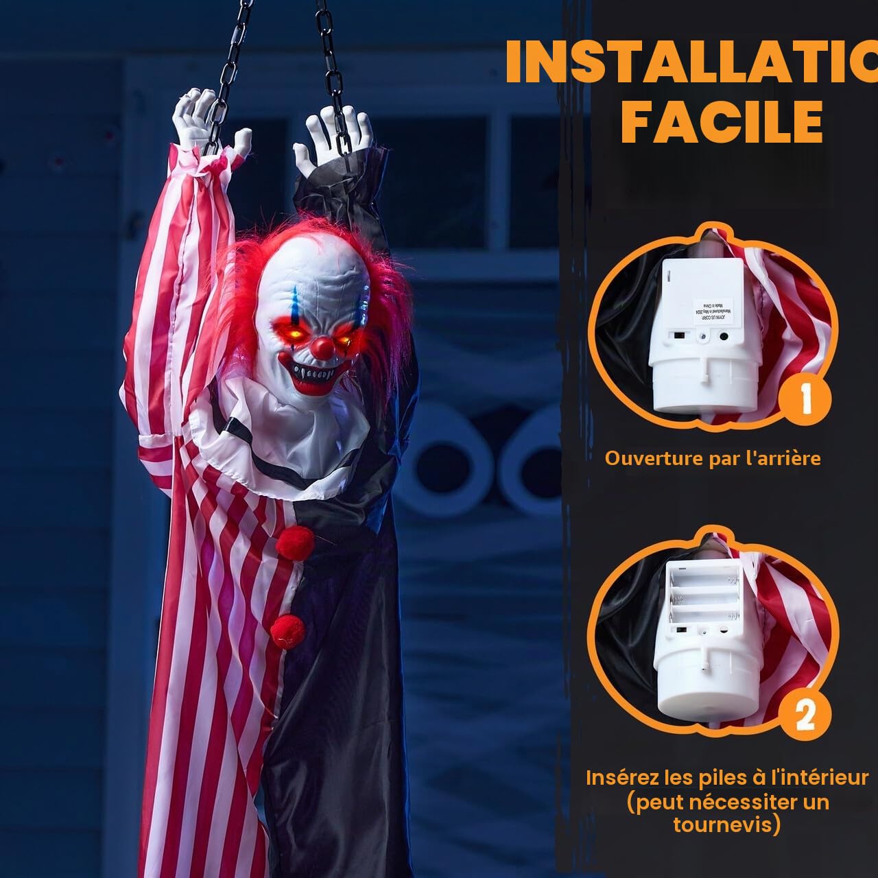 JOYIN Décoration animatronique de Clown à Suspendre d'halloween avec chaîne, 165,1 cm - Clown Effrayant avec Mouvement, lumière et Son (activé par Le Son), décoration animée pour Cour, Jardin,