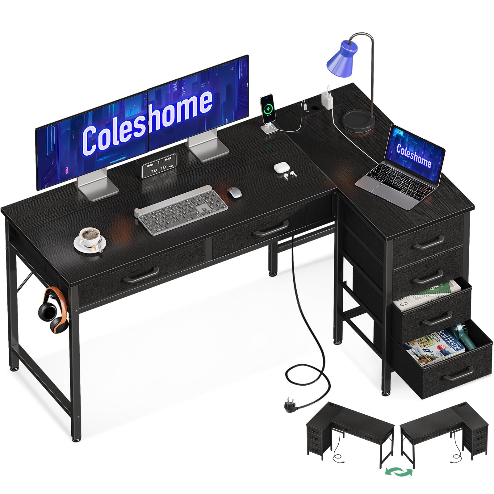 Coleshome 126x80cm Computer Corner Desk with Fabric Drawers, L-Shaped Office Desk with Power Outlet, Reversible Study Black Table