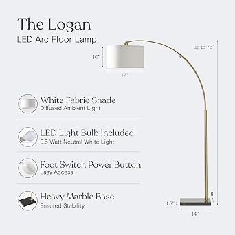 Brightech Logan Arc Floor Lamp, Bright Standing Lamp for Living Rooms, Offices & Bedrooms, Modern Living Room Decor, Tall Hanging Floor Lamp for Reading and More Gold/Brass