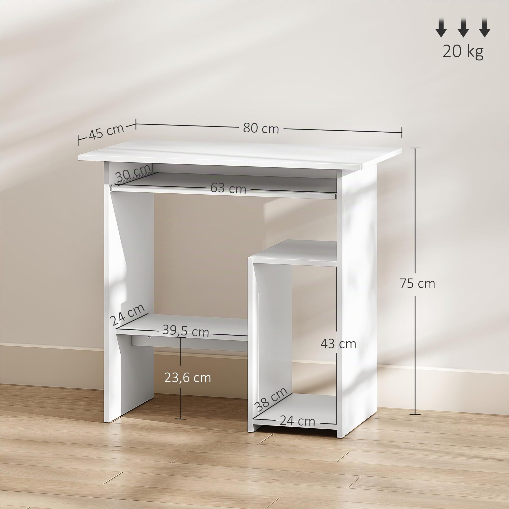 HOMCOM Schreibtisch mit Tastaturablage für Home Office 80 x 45 cm Weiß | Computertisch, Bürotisch, Offenen Fächern und Ablageflächen, Spanplatte, Schlafzimmer