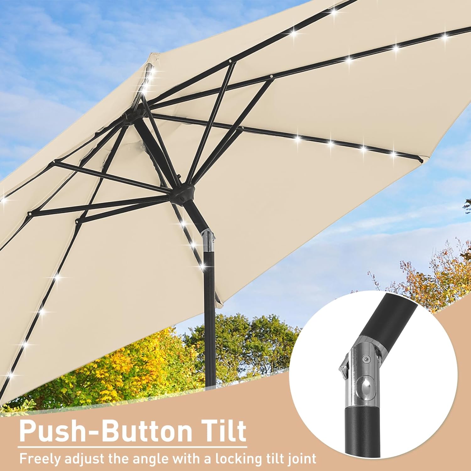 10ft Patio Umbrella with Crank&Tilt Outdoor Umbrella with Solar Lights for Garden, Pool and Deck-Khaki