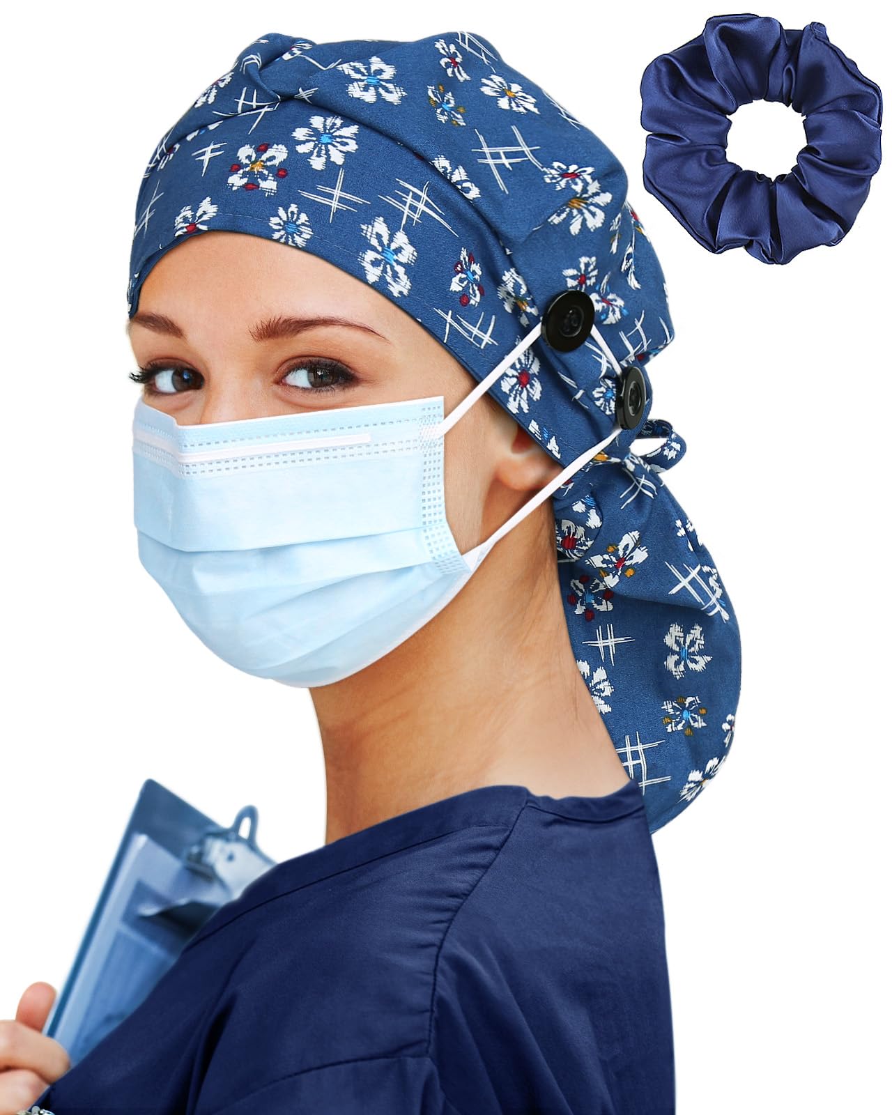Satin Lined Scrub Cap for Women Extra Large Long Hair Surgical Nurse Cap 4 Buttons