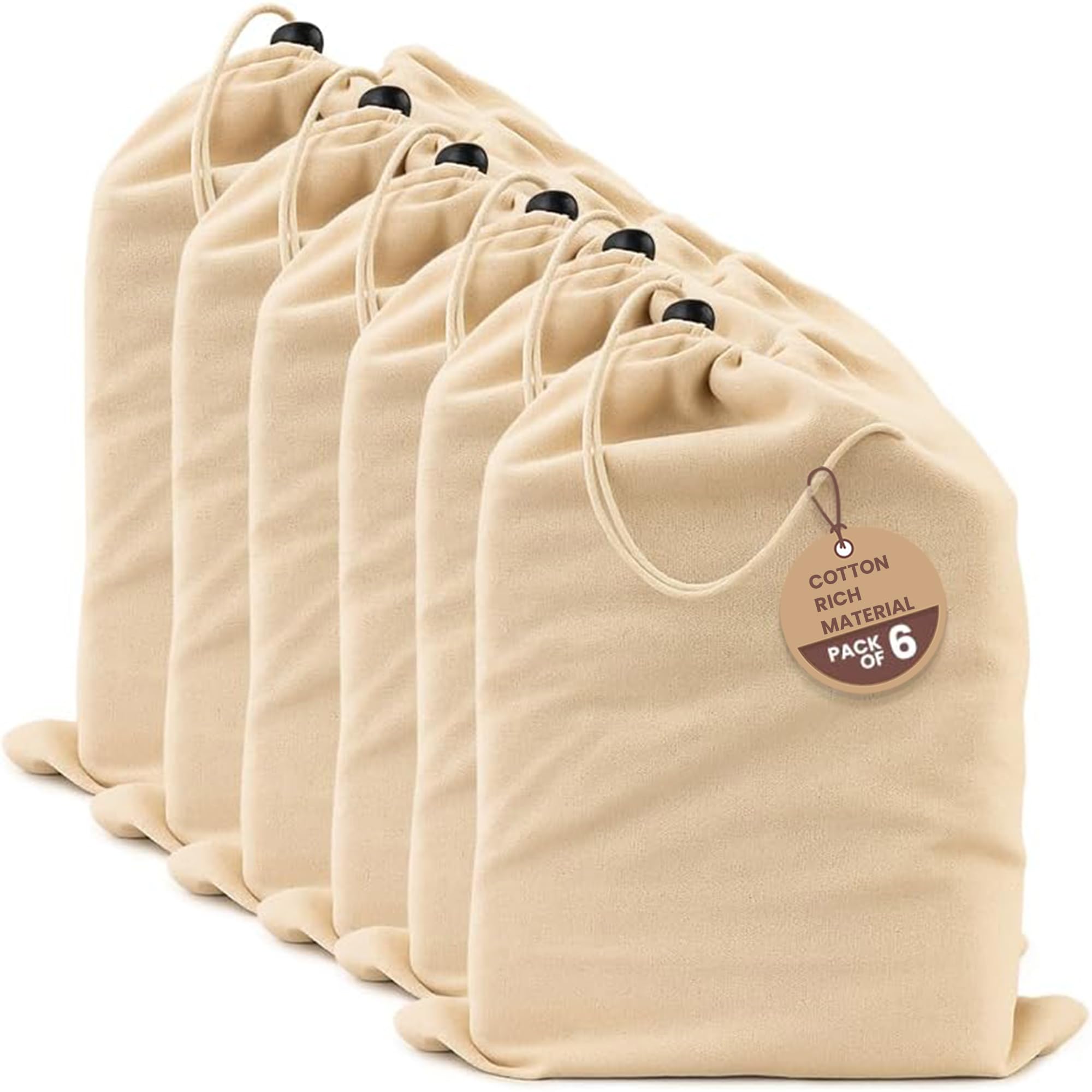 LFH Cotton Rich Shoe Storage Bags with Drawstring, Dustproof Breathable Reusable Organizer, Perfect For Travel, Dorm, Hotel, College, Gym, Easy to Carry, Machine Washable 12"x17" (Pack of 6) - Natural