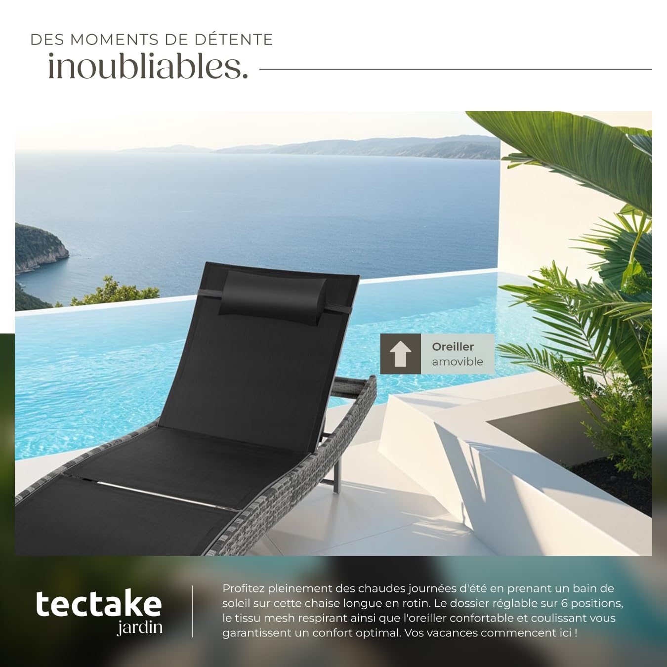tectake® Chaise Longue Bain de Soleil en Résine Tréssée, Résistant Dossier Inclinable sur 6 positions, Appuie-tête inclus Transat Salon de jardin exterieur Mobilier de Jardin Chaise Longue Relax Plage