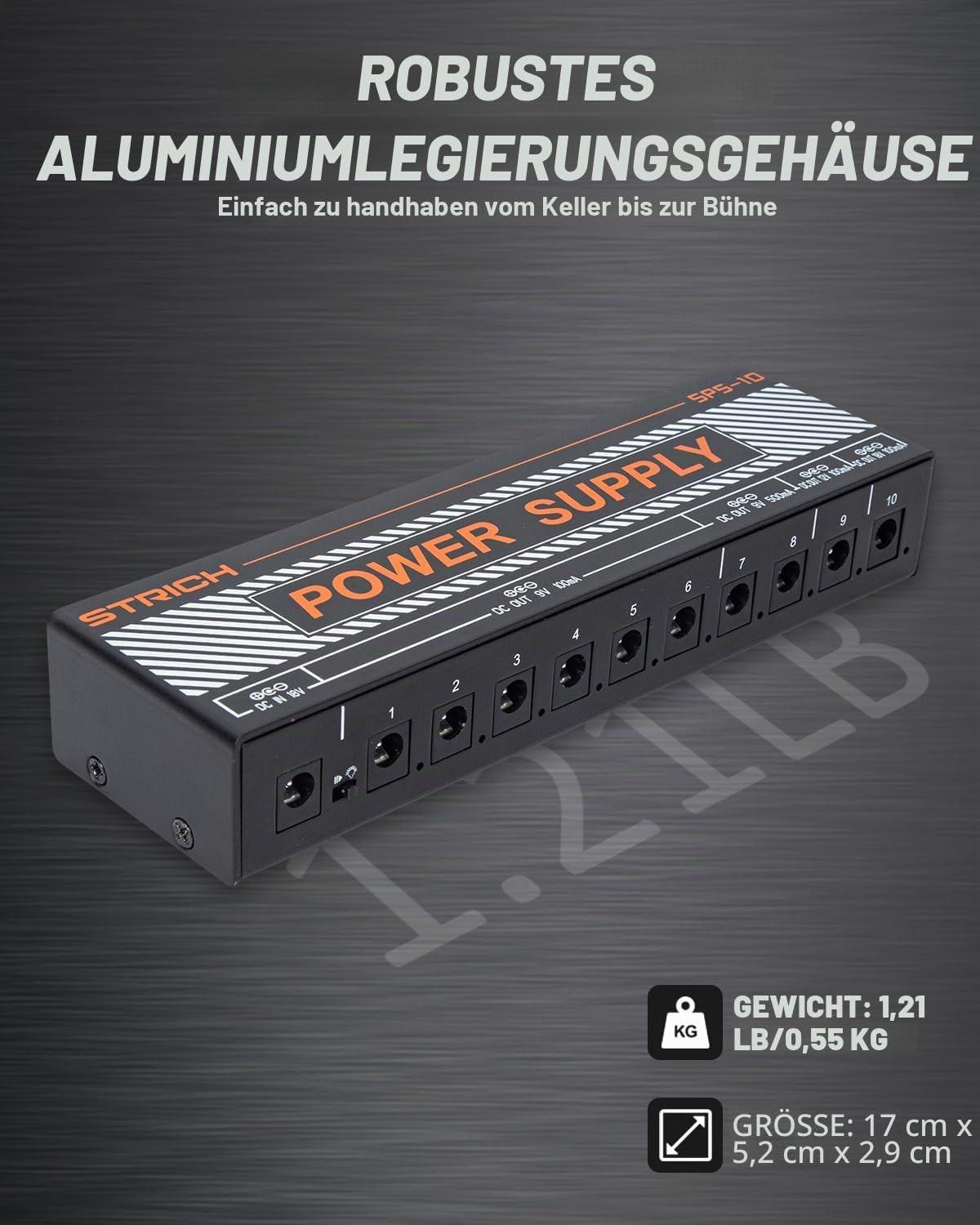 STRICH SPS-10 Gitarrenpedal-Netzteil, 10 Isolierte DC Ausgänge für 9V/12V/18V Gitarre Bass Effektpedale, 100mA 500mA Pedalboard-Netzteil mit Kurzschlussschutz