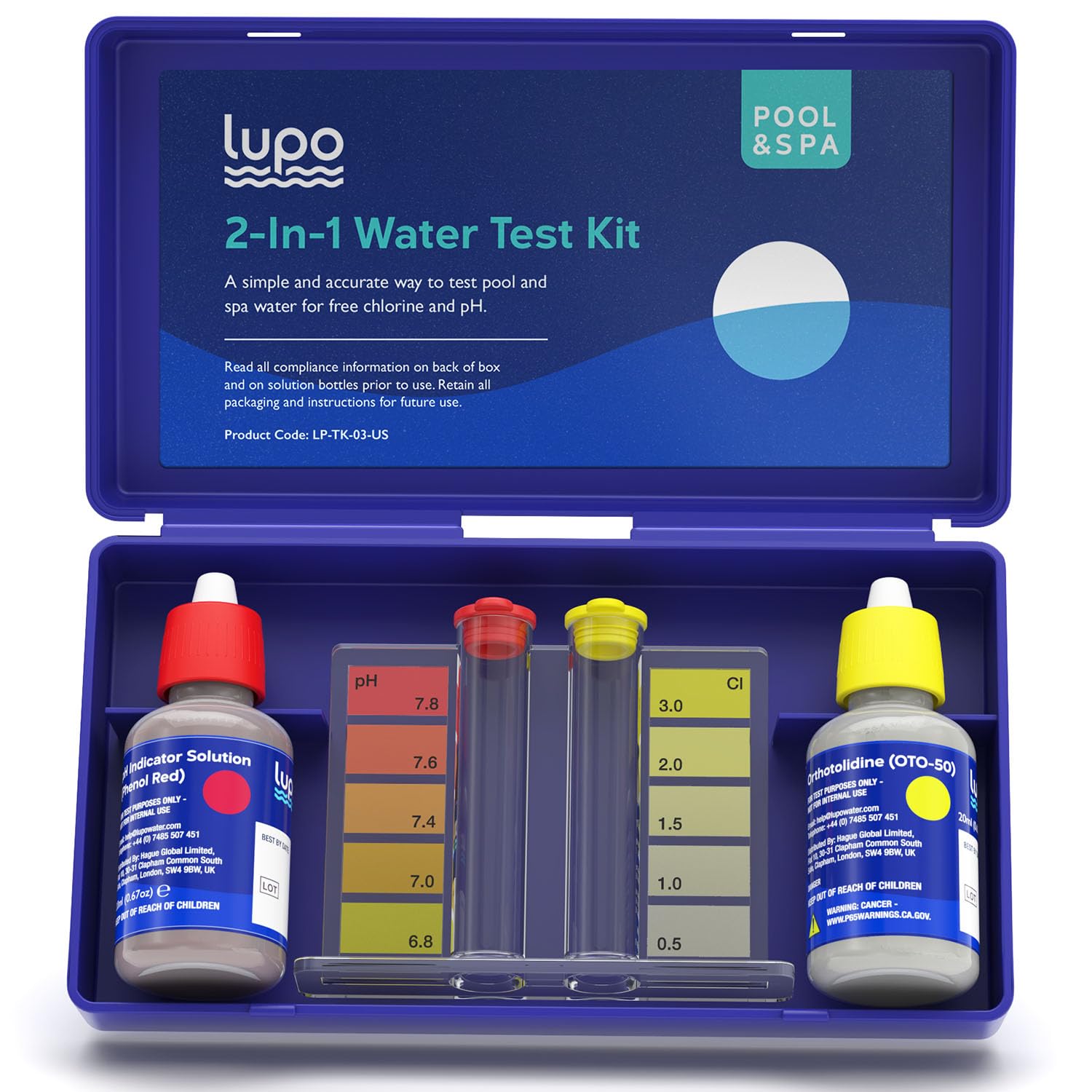 Lupo 2-in-1 Water Test Kit for Swimming Pools & Spas | Water Chemical Test Kit for pH and Free Chlorine