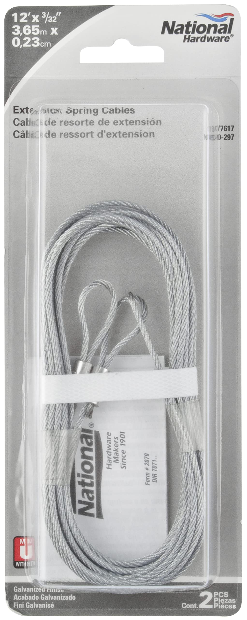 National Hardware V7617 Extension Spring Lift Cables – 12-Foot X 3/32-Inch, Galvanized, 2-Pack For Garage Doors