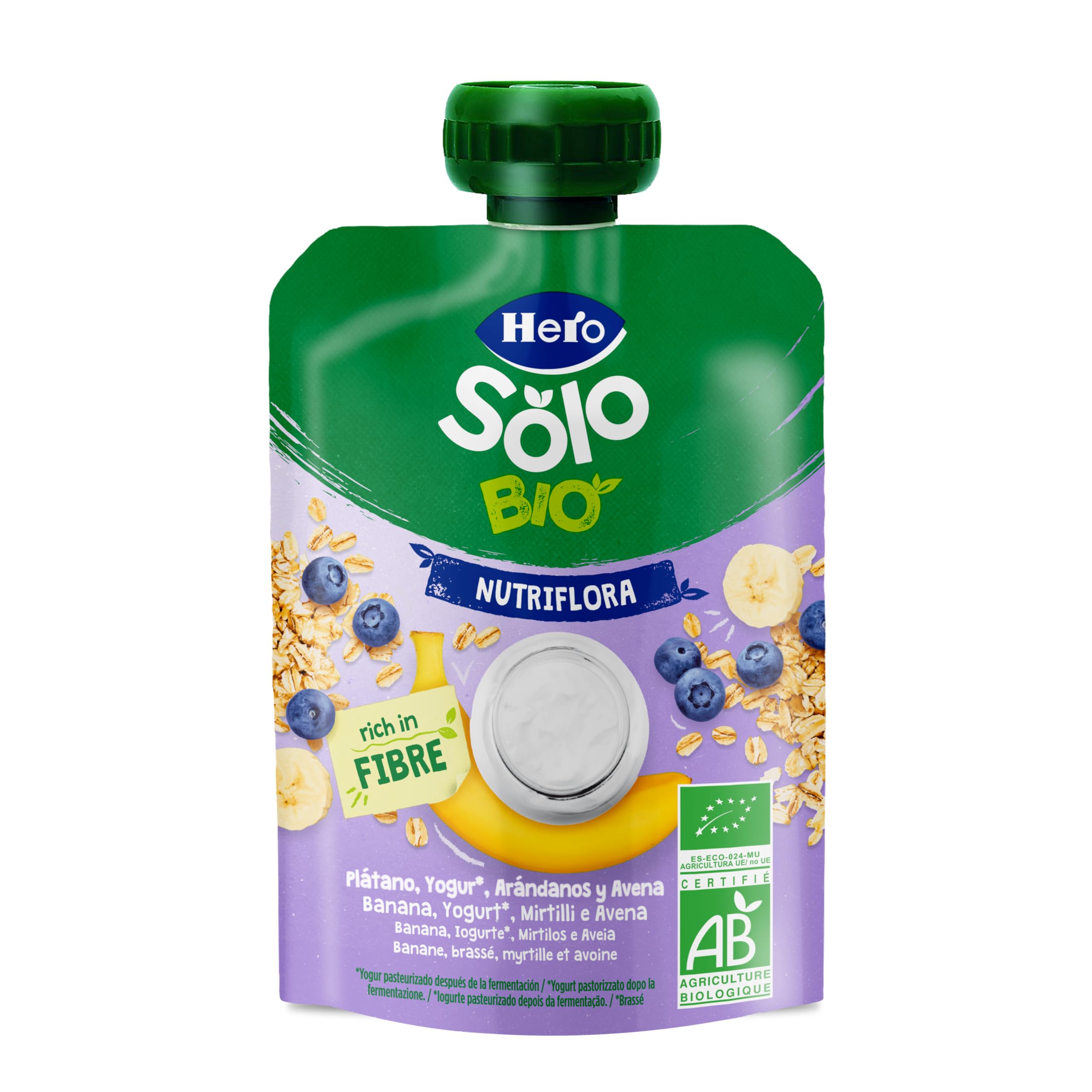 Hero Solo Bolsitas Ecológicas de Plátano Arándanos Yogur Avena Fibra Sin Conservantes Aditivos Aceite Palma Azúcares Añadidos 6 Meses Pack 18 x 100 g