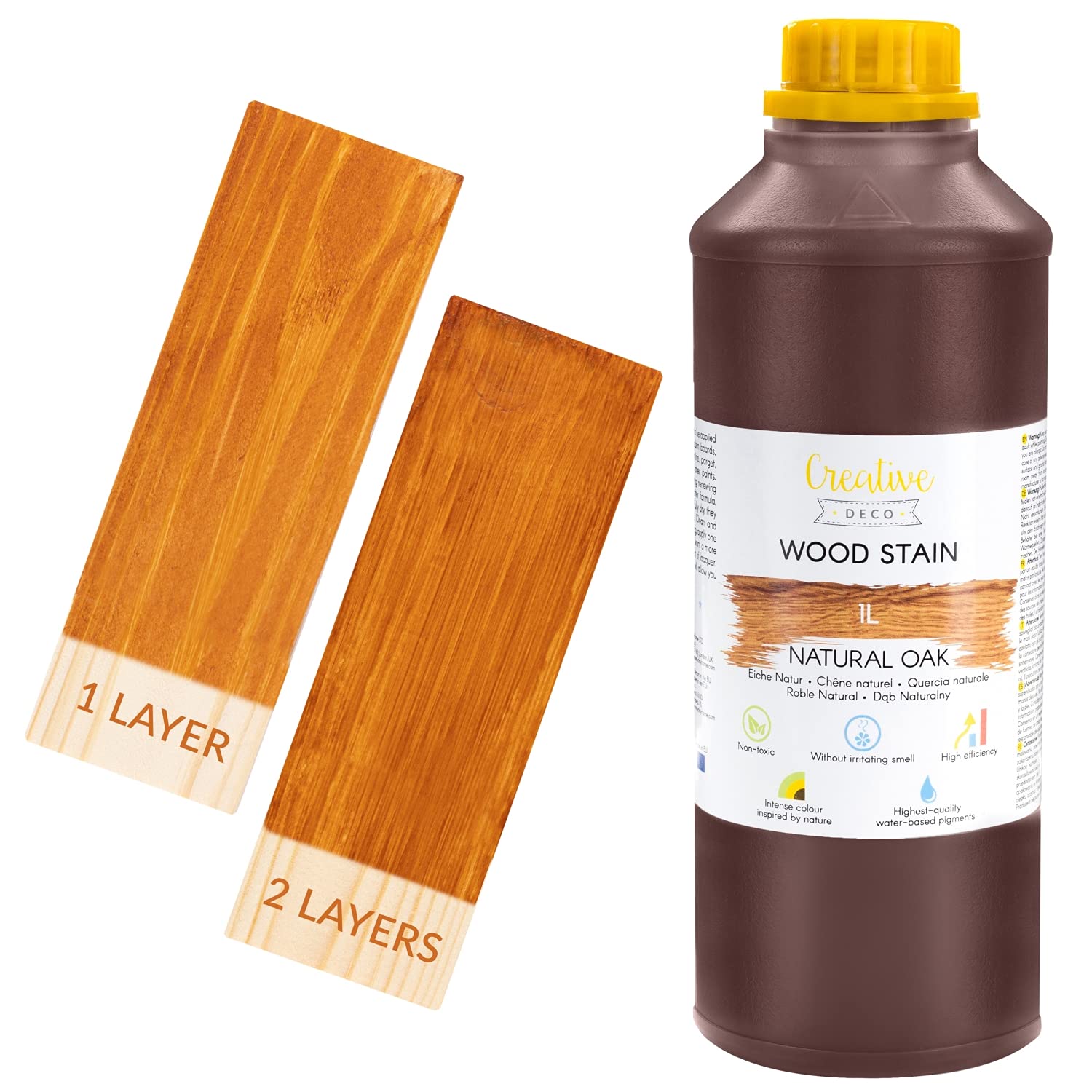 Creative Deco 1L Barniz Madera Interior Tinte al Agua | Color Roble Natural | 1L | Secado Rápido | No Tóxico | Para Paneles de Madera, Parquet, Hormigón, Ladrillo, Papel Pintado y Más | Alta Eficacia