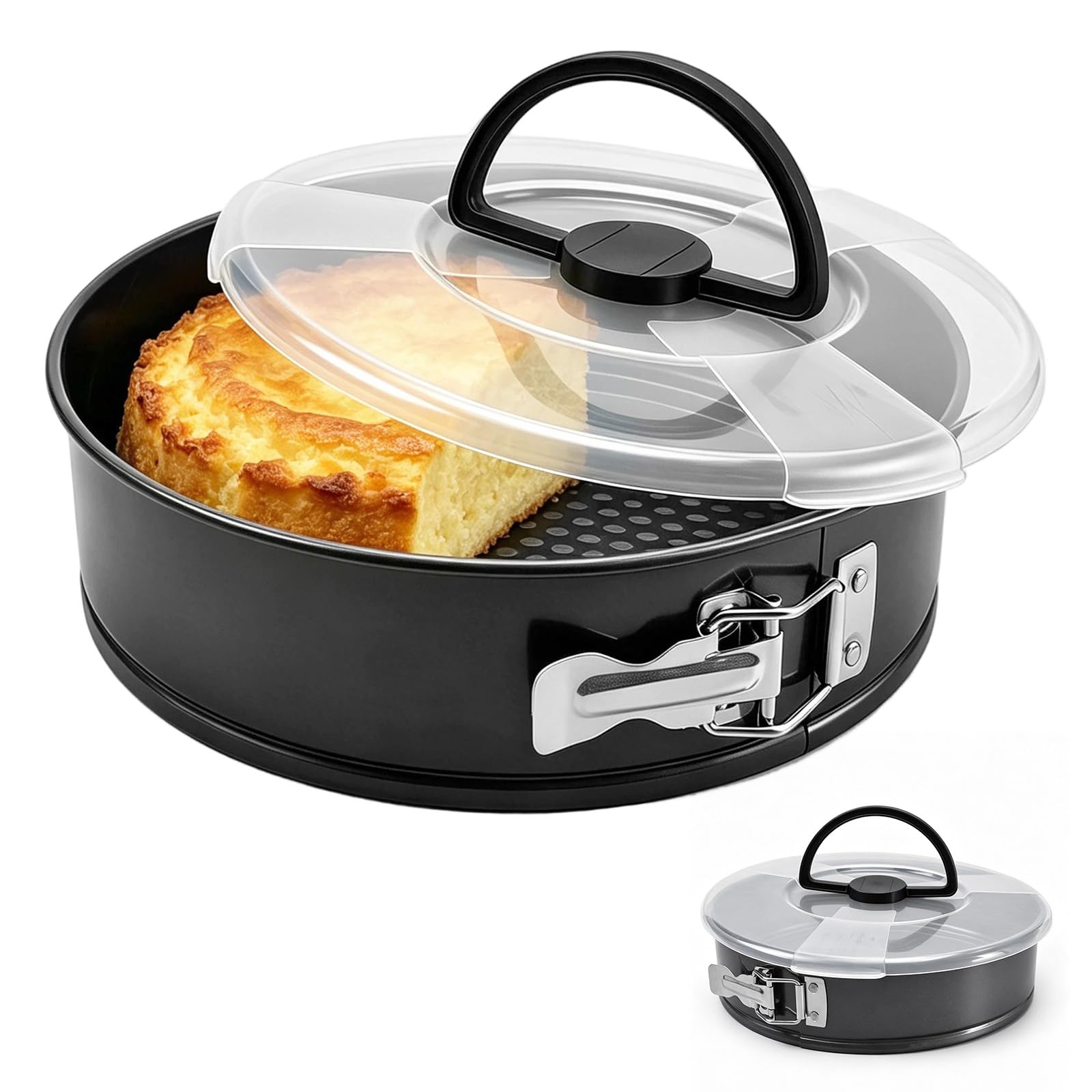 CEWROM Rund Springform mit Deckel, Kuchenform, Backform Mit Antihaft Beschichtung Auslaufsichere Kuchenform Aus Stahl,Abnehmbarer Flachboden,Tortenform Zum Backen Verschiedener Kuchen Unt Brot (26cm)
