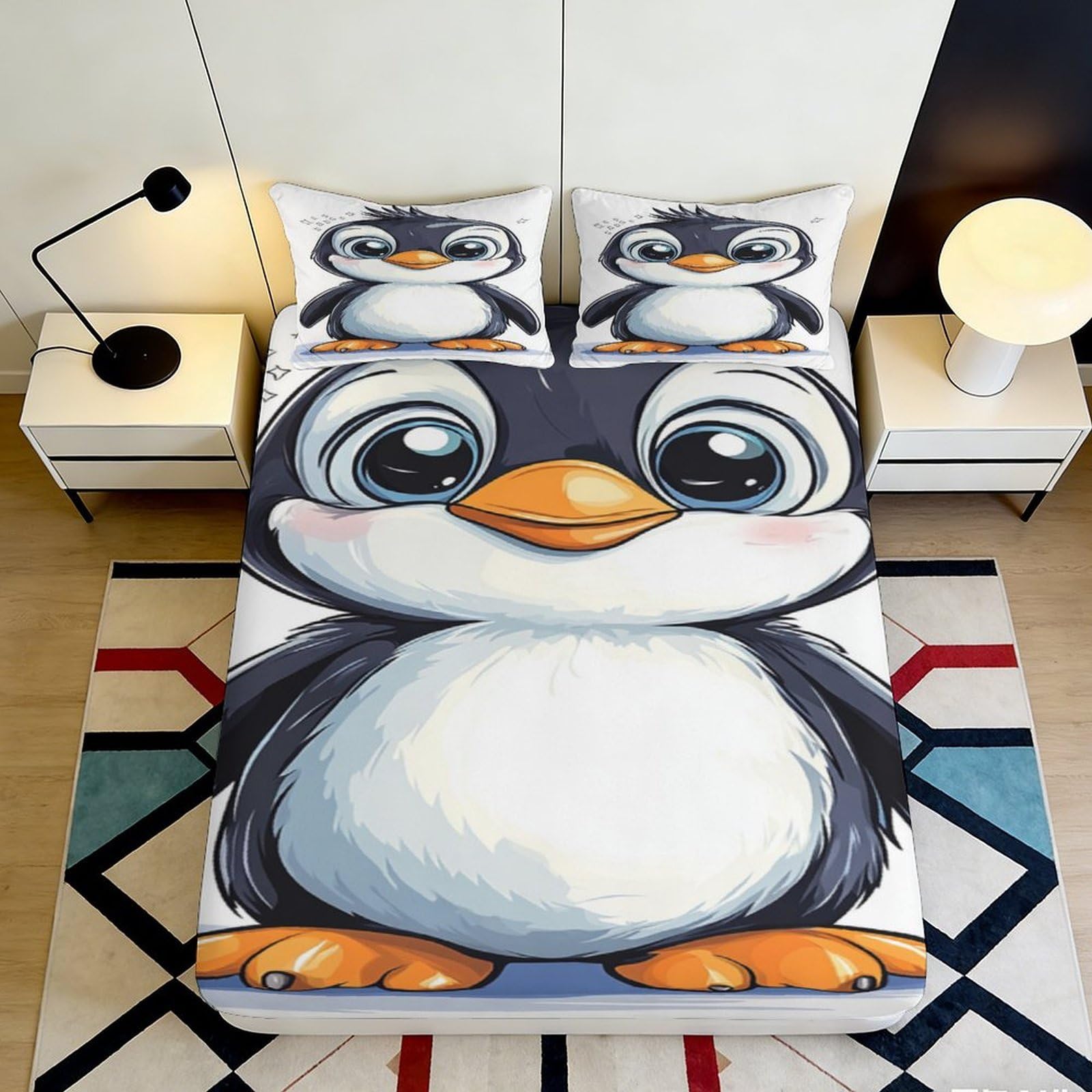 3D Printed Cute Penguin Fitted Sheet Microfiber Soft Breathable Cartoon Bed Cover for Bedroom Dormitory Guest Room Mattress Protection Decor 140x200x25cm