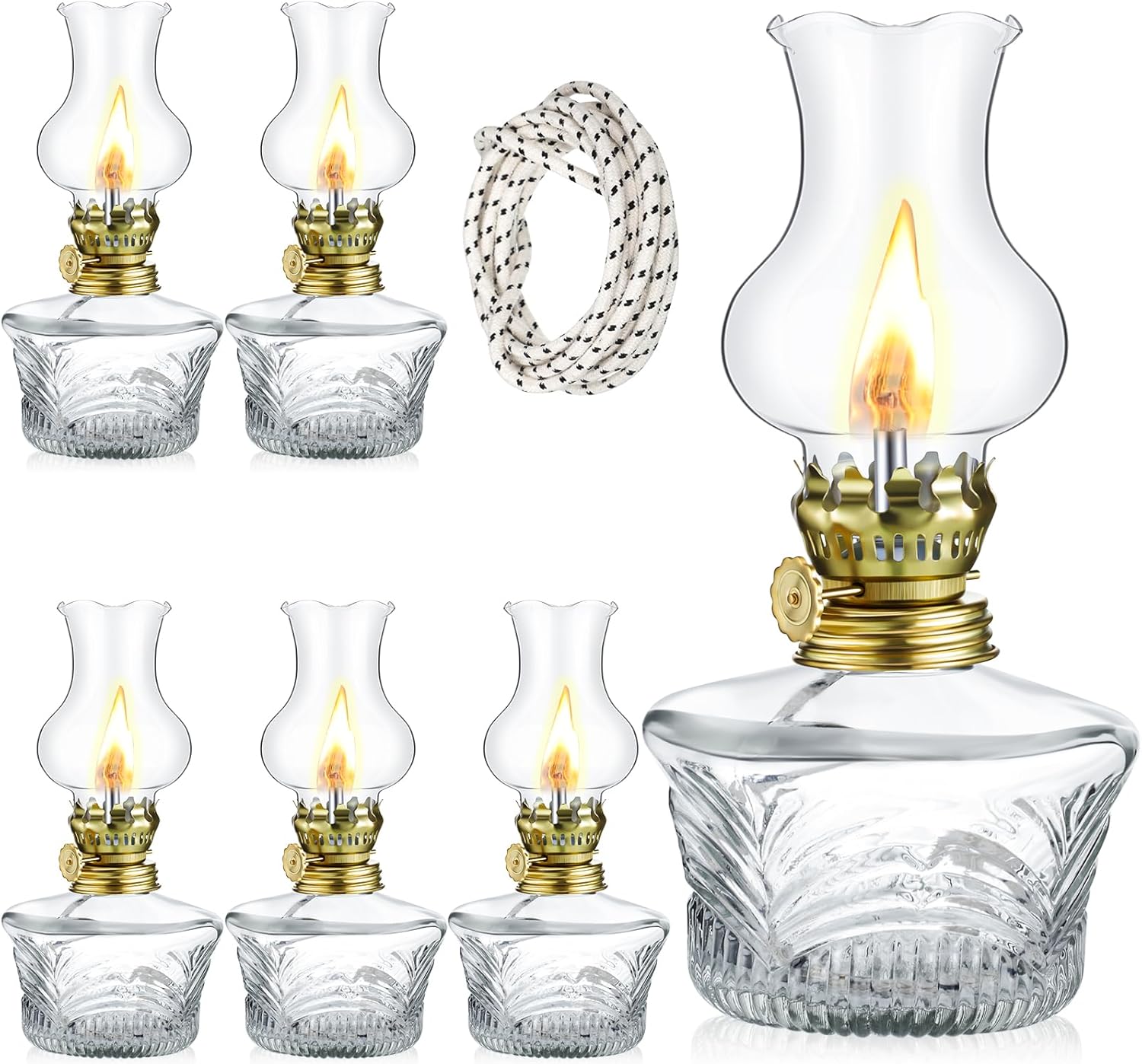 Yexiya Vintage Glass Kerosene Lamp Rustic Oil Lamp Lantern Chamber Oil Clear Kerosene Hurricane with 6.6 ft Extra Wick for Indoor Use Lighting Decor Emergency(6 Set,Cylinder Style)