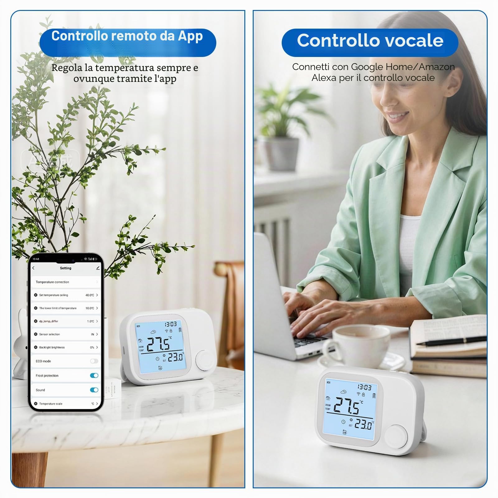 Termostato Wi-Fi per caldaia a gas,Termostato Smart a Batteria compatibile Google e Alexa, Timer Settimanale, Funzione di Memoria, Controllo Tramite Pulsanti, Protezione Antigelo, Blocco Bambini