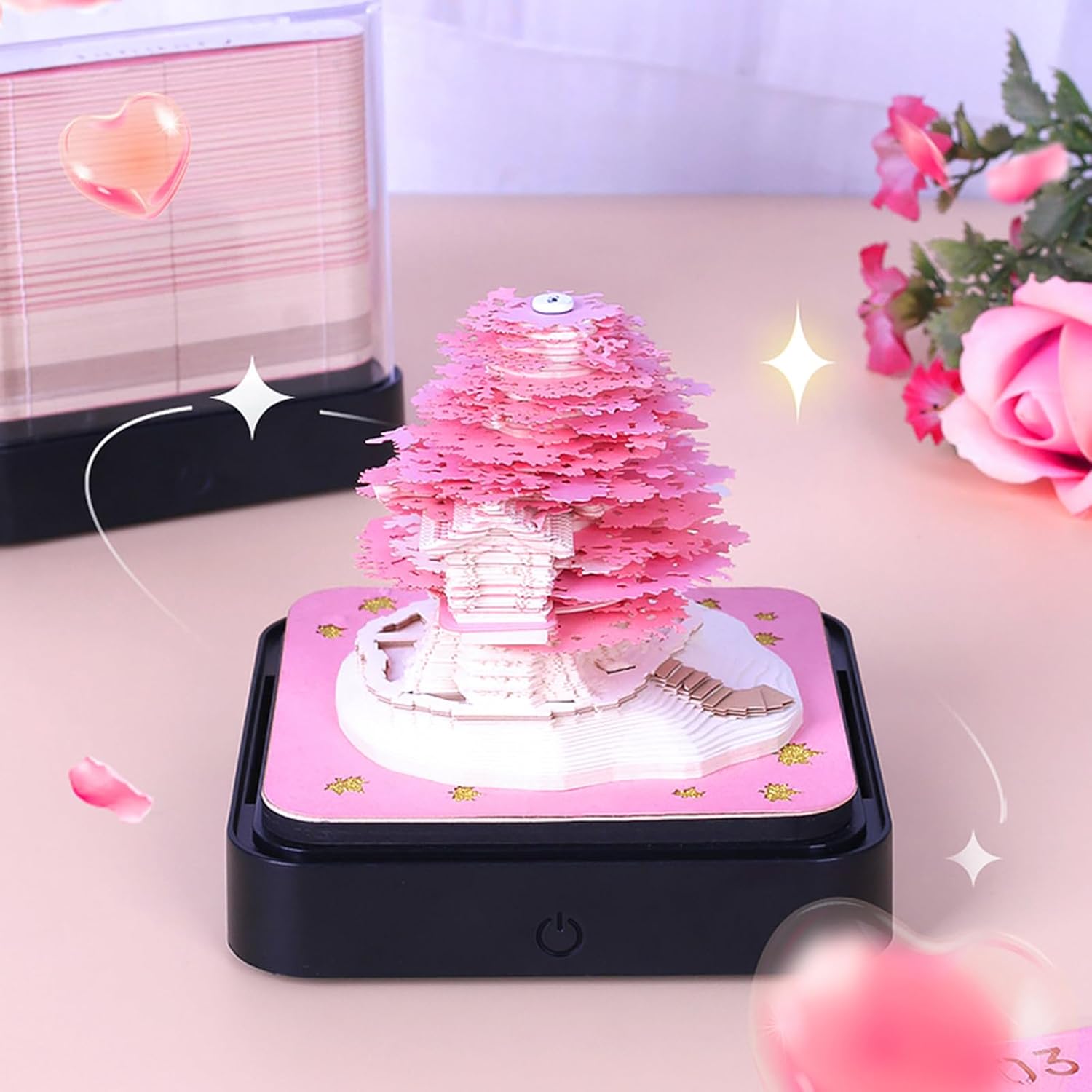 3D Desk Calendar 2026,3D Art Calendar 2026 Time Piece Calendar Creative 3D Memo Pad Paper Art Pink Romantic Tree House DIY Paper Carving Decoration Gift