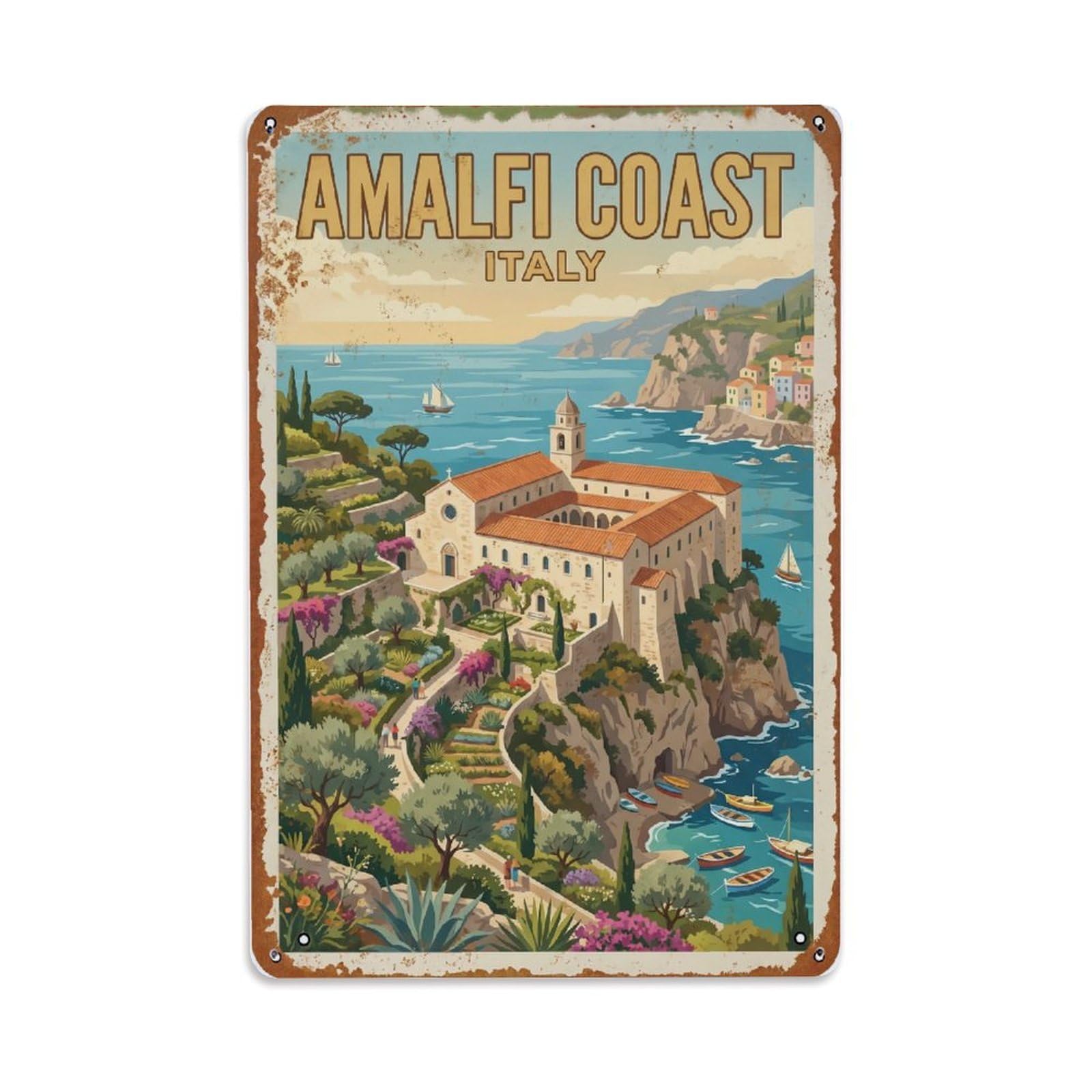 Vintage Travel Monastery Italy Cliffside（1） Metal Tin Sign Plaque Wall Decor for Cafe, Club Bar, Office, Home Garden Metal Poster 8x12Inch