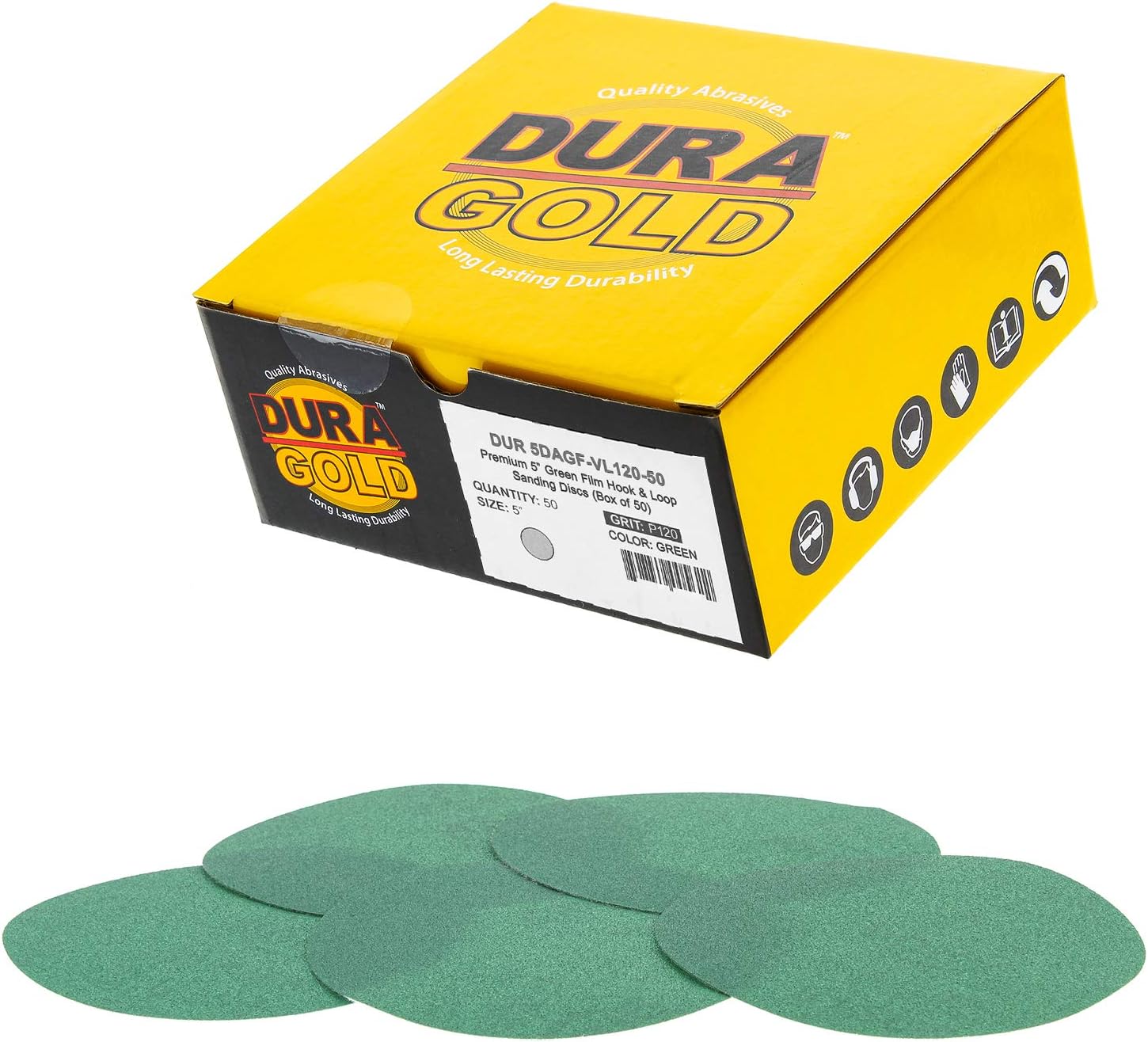 Dura-Gold - Premium Hook & loop - 120 Grit 5" Green Film - Hook & Loop Sanding Discs for DA Sanders - Box of 50 Sandpaper Finishing Discs for Automotive and Woodworking