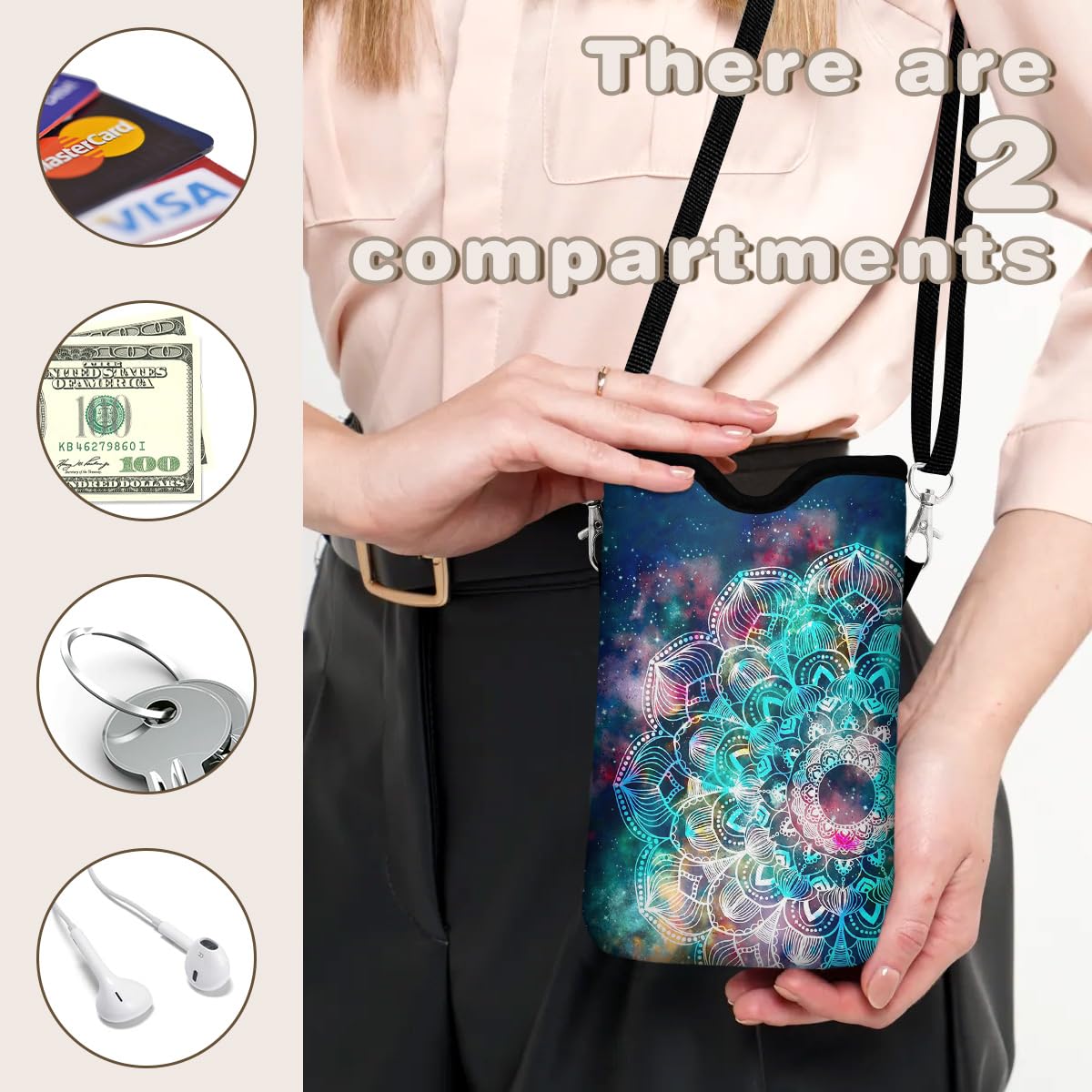 Custodia universale per telefono con 2 tasche interne, antiurto e resistente all'acqua, in neoprene con tracolla da 19,6 x 10,9 cm, custodia protettiva per cellulare, motivo mandala nebulosa