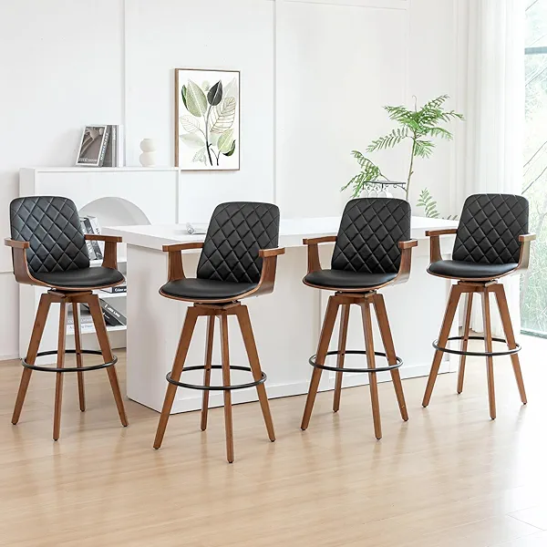 Set of 4 Bar Height Bar Stools - 30 inch Swivel Bar Stools with Curved Back and Arms, Walnut Craftsmanship, Upholstered Seat, Mid Century BarStools for Bar/ Pub/Island/Coffee (30" Seat Height, Black)