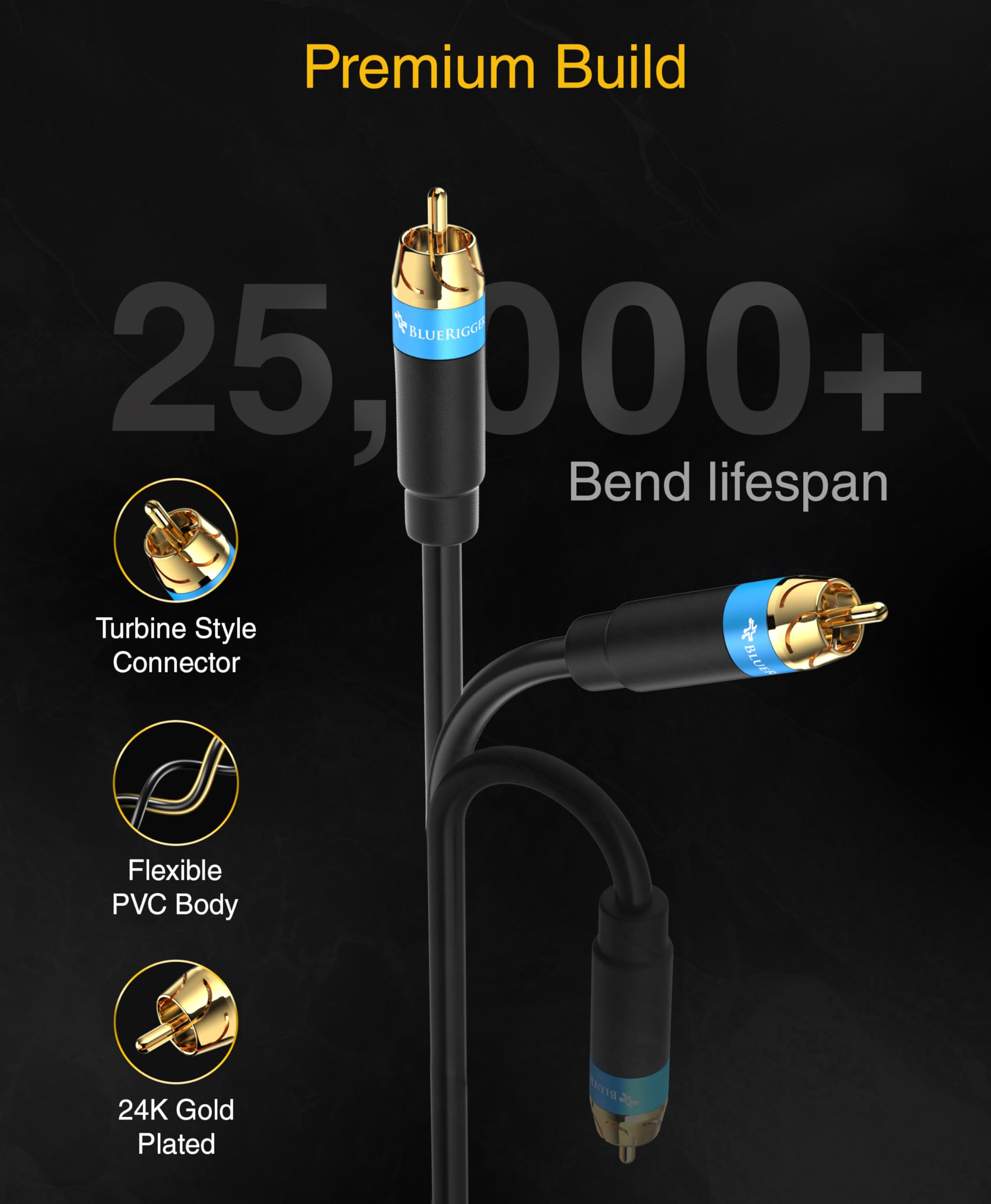 BlueRigger Cavo audio RCA per subwoofer, 2,4 m, confezione da 2, doppia schermatura, con connettori RCA placcati oro, per subwoofer, amplificatore, home theater