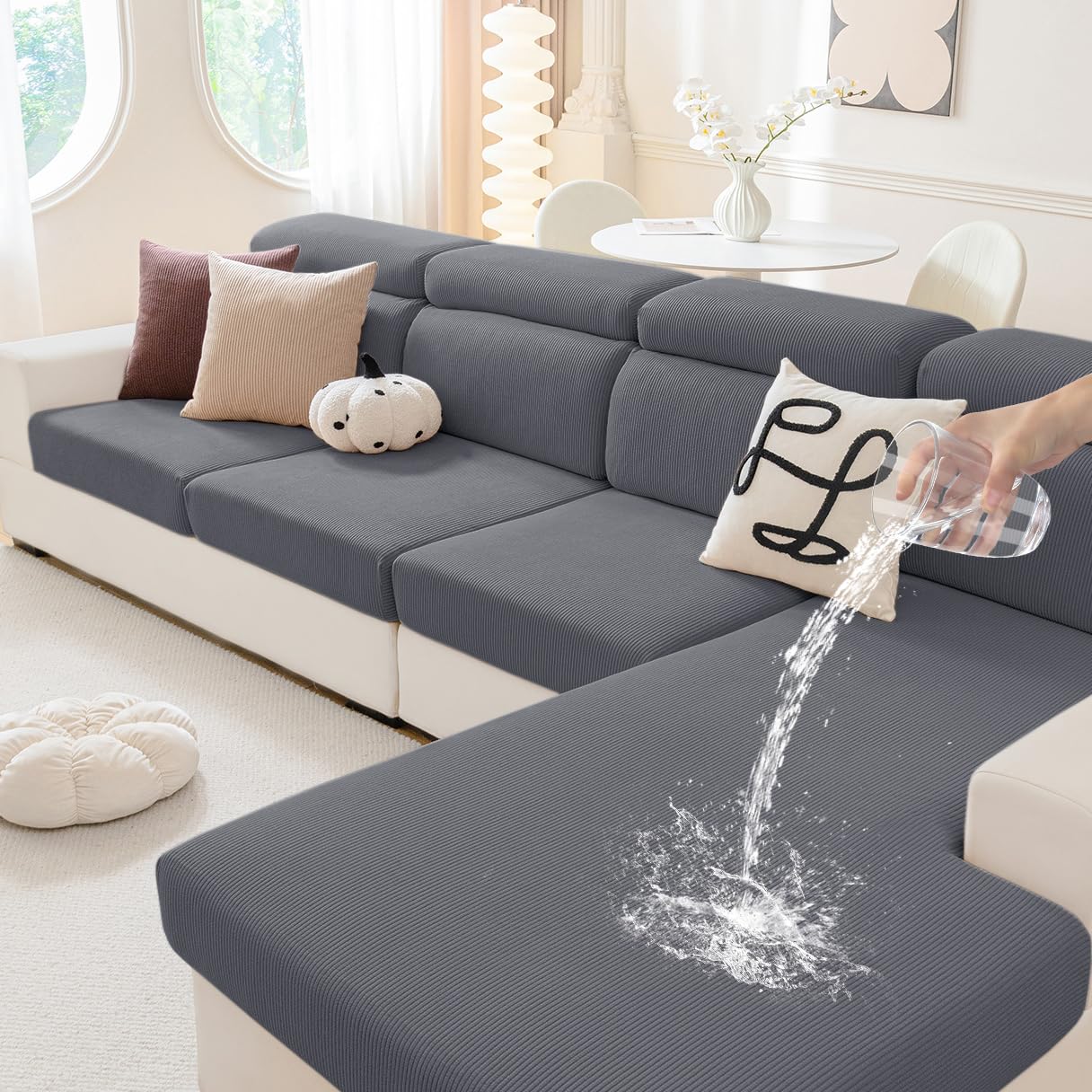 hyha Waterproof Couch Cushion Covers, Against Spills, Couch Cover for Dogs Washable, Thick Elastic Jacquard Fabric, Waterproof Sofa Seat Slipovers for Pets (3 Pieces, Dark Grey)