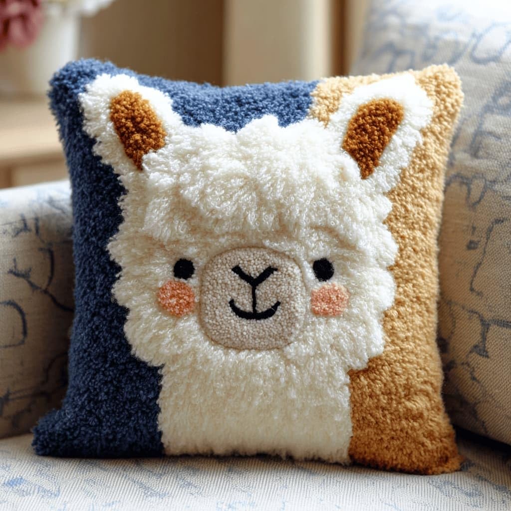 AxiangziK Latch Hook Cushion Kits,Alpaca DIY Needlework Pillow Cover Cushion Rug Making Kit,17X17Inch Handmade Embroidery Kits, Decorative Throw Pillow Cover for Sofa Cushions, Bedroom Decor