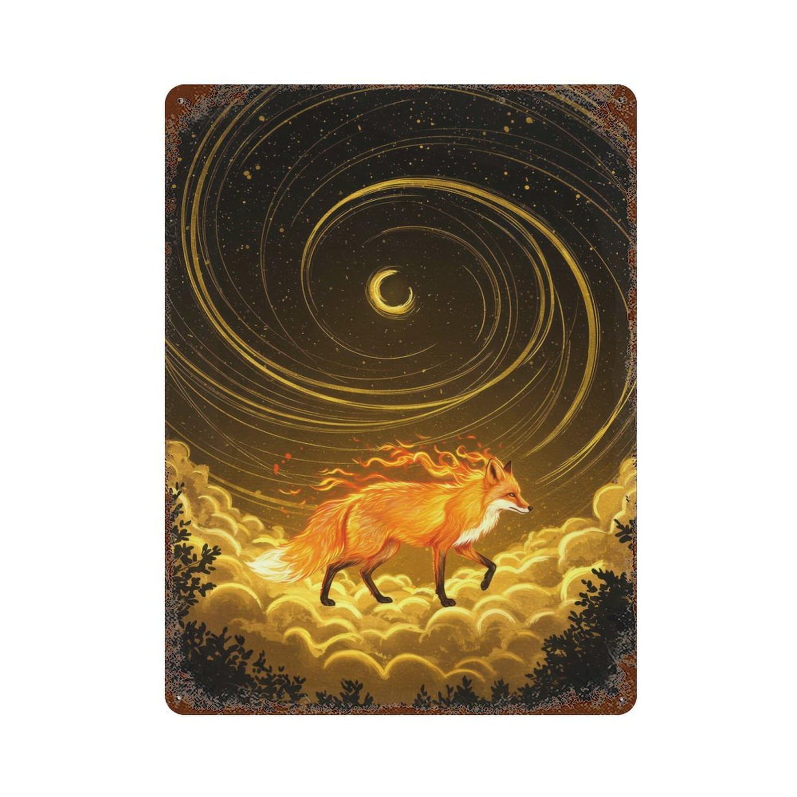 Fox in Dreamy Night Landscape Rustic Tin Plaque 15.7"x11.8", for Living Room, Hallway And Home Decor, Decorative Metal Wall Art