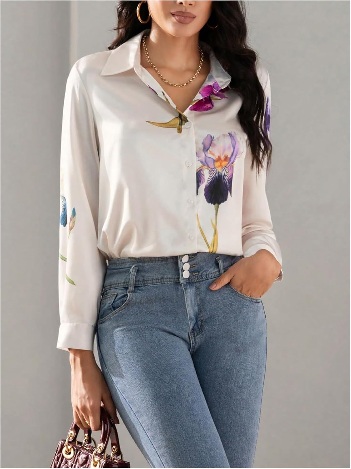 OYOANGLE Women's Floral Long Sleeve Button Down Shirt Elegant Work Office Dressy Collared Blouse - Image 5