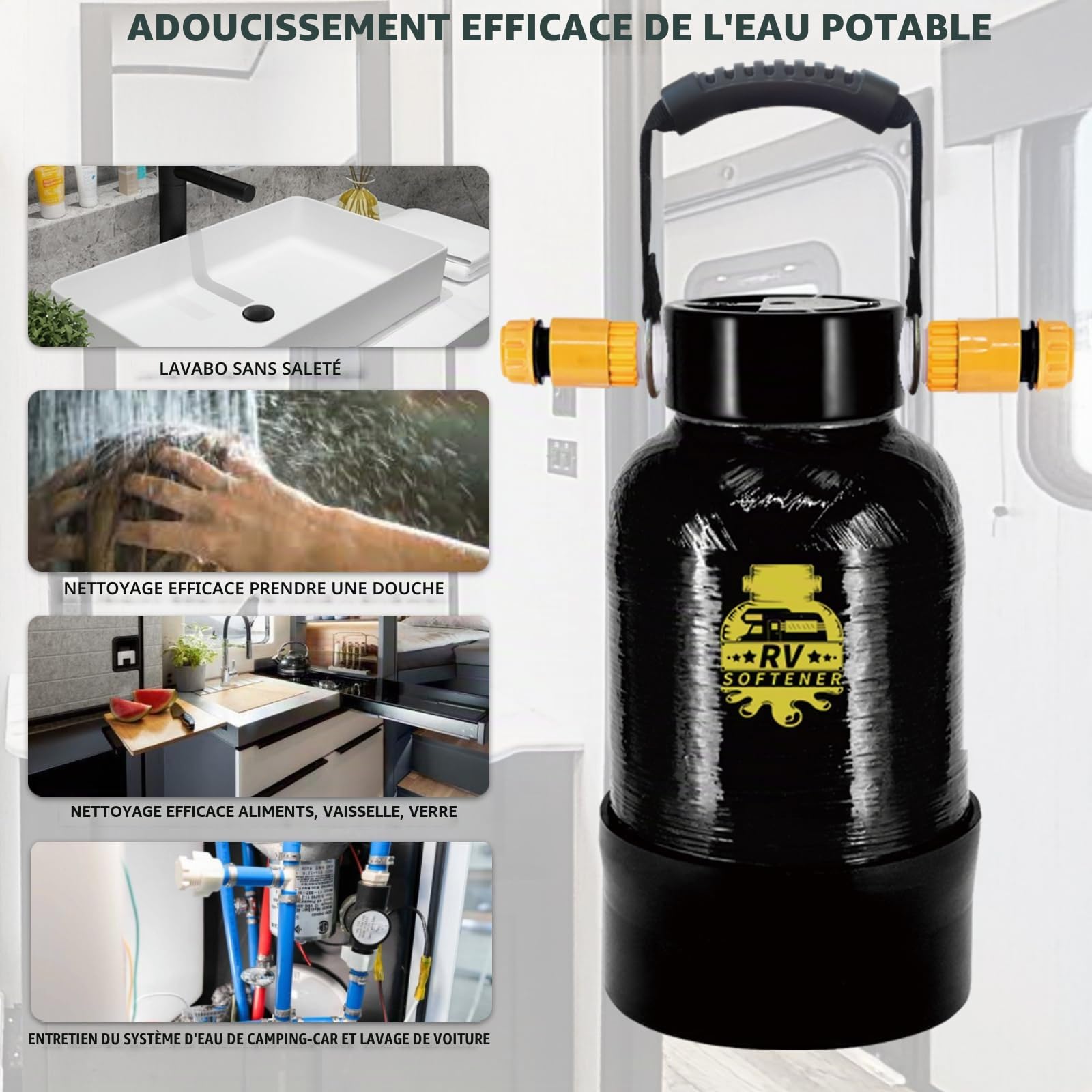 Adoucisseur d'eau portable à grain 16 000, système de filtre à eau dure adoucie pour camping-car, bateaux, lavages de voiture mobiles, lavages à pression (adoucisseur d'eau noir)
