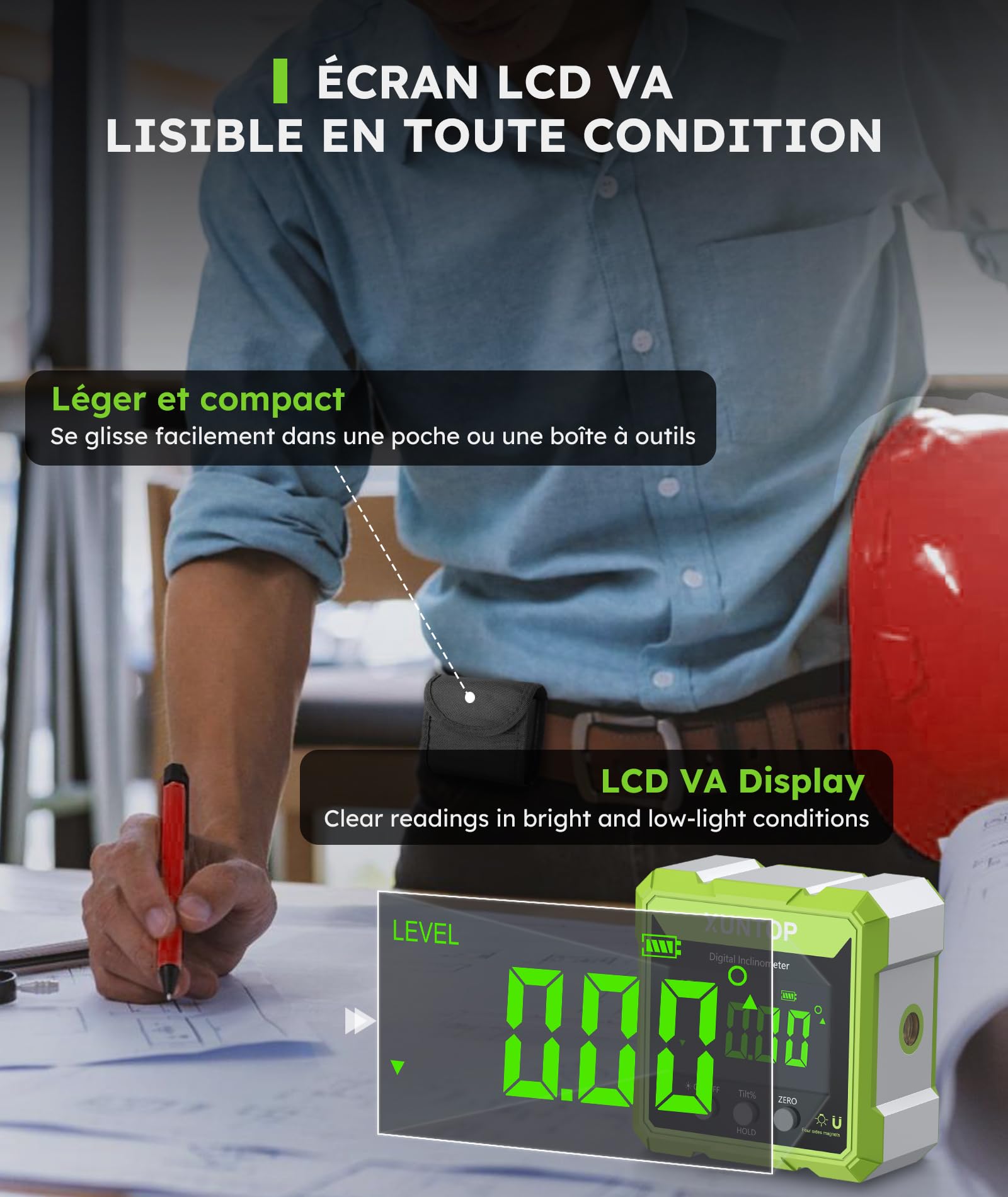XUNTOP Inclinomètre Numérique 360° avec Laser Vert Haute Visibilité – Niveau Laser Électronique Magnétique 4 Faces, Écran VA Vert Fond Noir, USB-C Rechargeable, IP54, Outil Mesure d’Angle pour Menuise