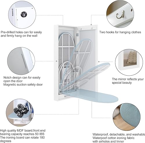 Miniatura 6 de Armario delgado de tabla de planchar giratoria de 180° con puerta magnética, armario plegable de montaje en pared con almacenamiento, armario de