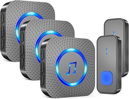 SURFOU Timbre inalámbrico con 3 receptores, 2 botones, timbre impermeable IP55, timbre remoto de 1300 pies1,312.3 ft, 55 campanas de 5 volumen, LED
