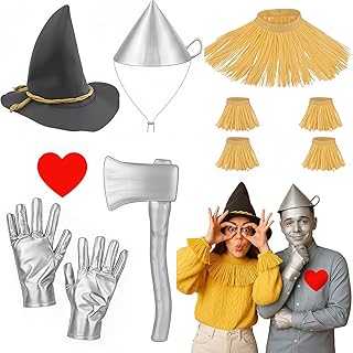 Mepase 10 Pcs Halloween Scarecrow Couple Costume Set Silver Funnel Hat Gloves Axe Scarecrow