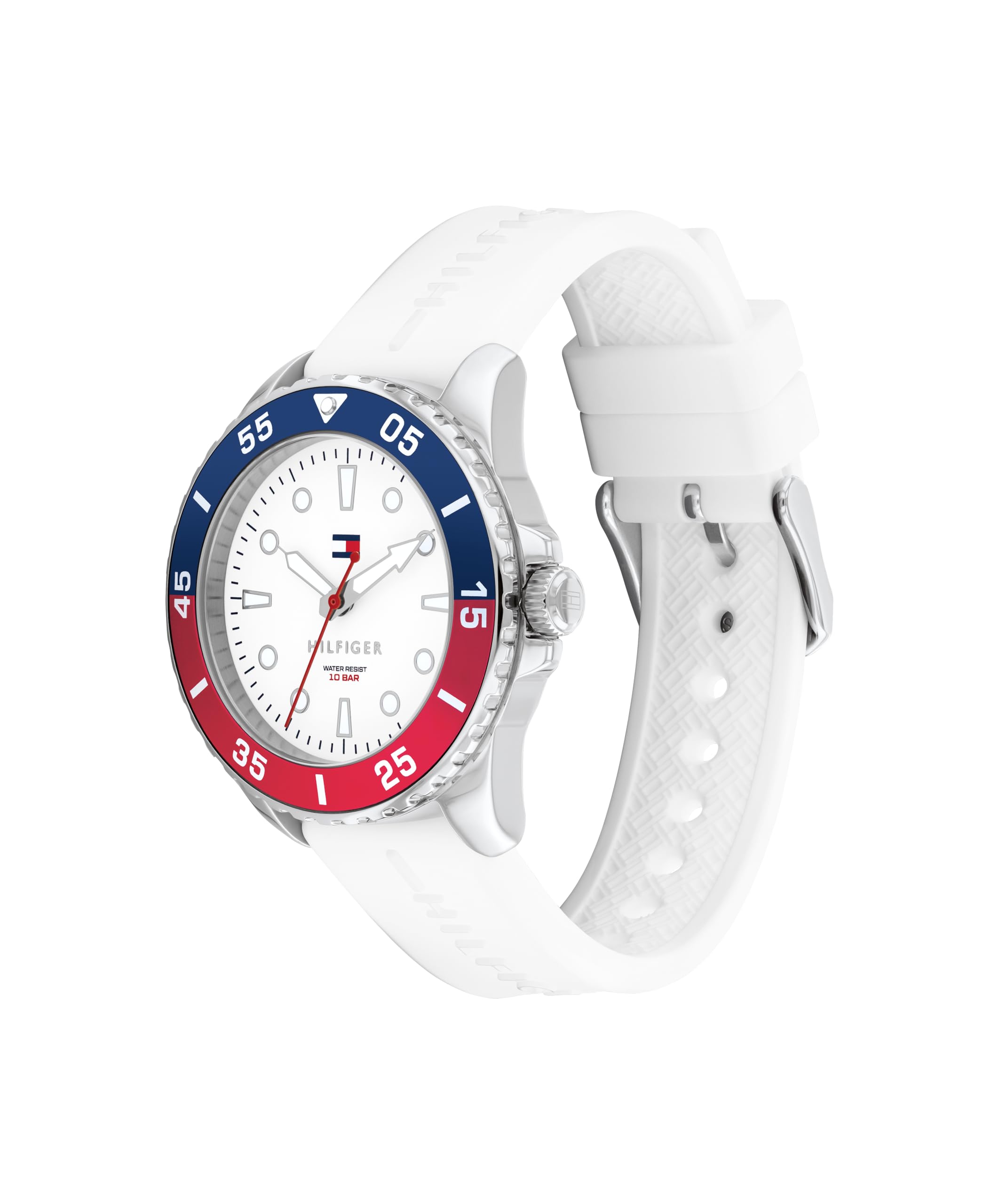 Tommy Hilfiger Młodzieżowy zegarek kwarcowy z trzema wskazówkami z paskiem ze stali nierdzewnej lub silikonowym, biała, ciągnąć