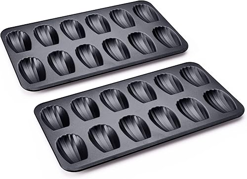 HONGBAKE Molde de Madeleine antiadherente, paquete de 2 bandejas de galletas de madeleine resistentes de 12 cavidades para hornear en el horno,