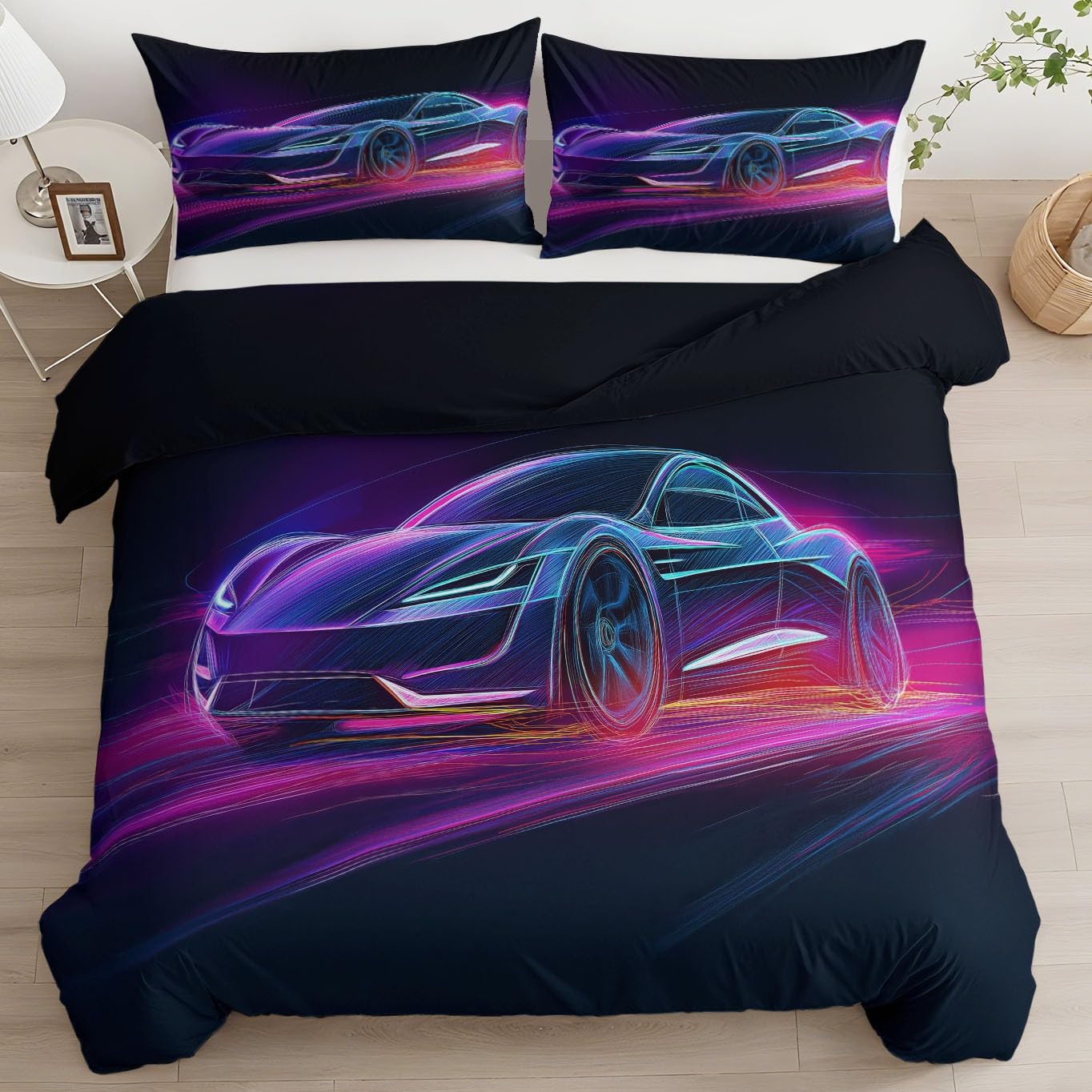 Poszwa na kołdrę dwustronna nowoczesna technologia samochodowa elektryczna 200 x 200 cm, 3-częściowa miękka kołdra z mikrofibry - 2 poszewki na poduszki, kołdra 4 pory roku, do łóżka 2-osobowego