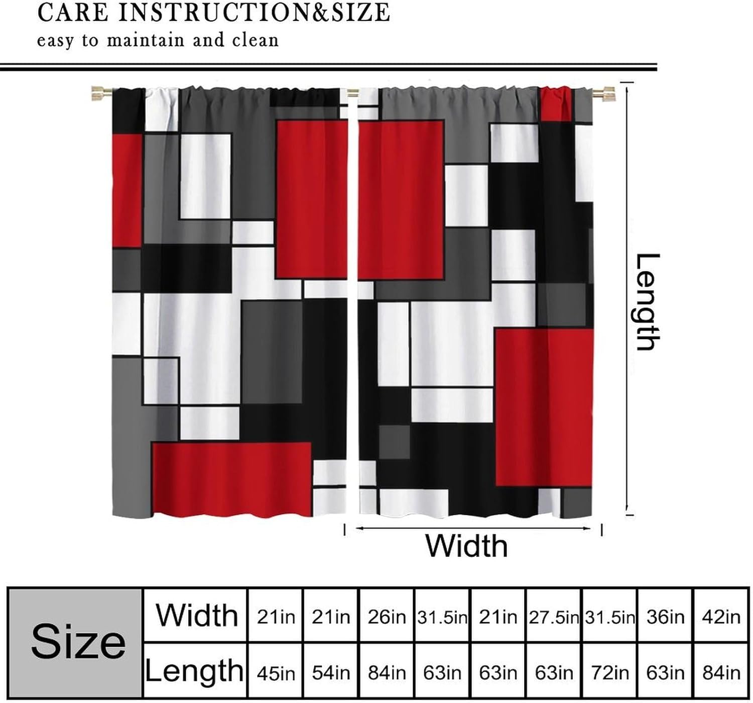 Abstract Geometric Curtains Red Black Gray and White Geometry Squares 3D Fashion Blackout Rod Pocket Curtains for Bedroom Living Room Thermal Insulated Window Drapes 2 Panel Set 42x45 Inch