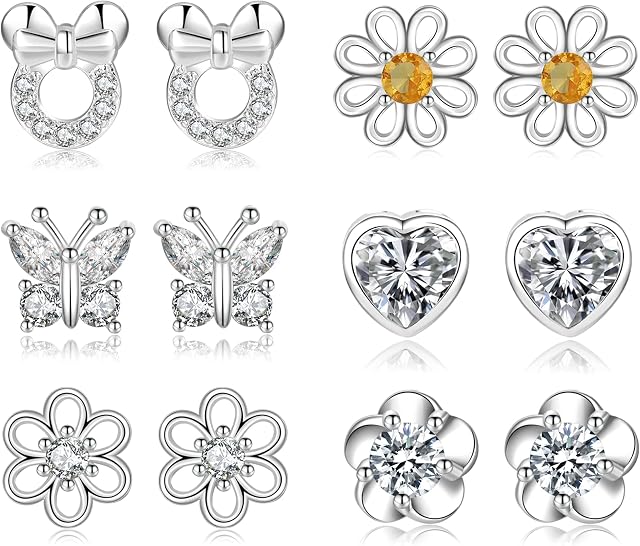 Sterling Silver Stud Earrings 6Pairs Silver Studs Earrings for Women Heart Flower Butterfly Cubic Zirconia Silver Studs Earrings Sets for Teens Girls Gifts PABBEU