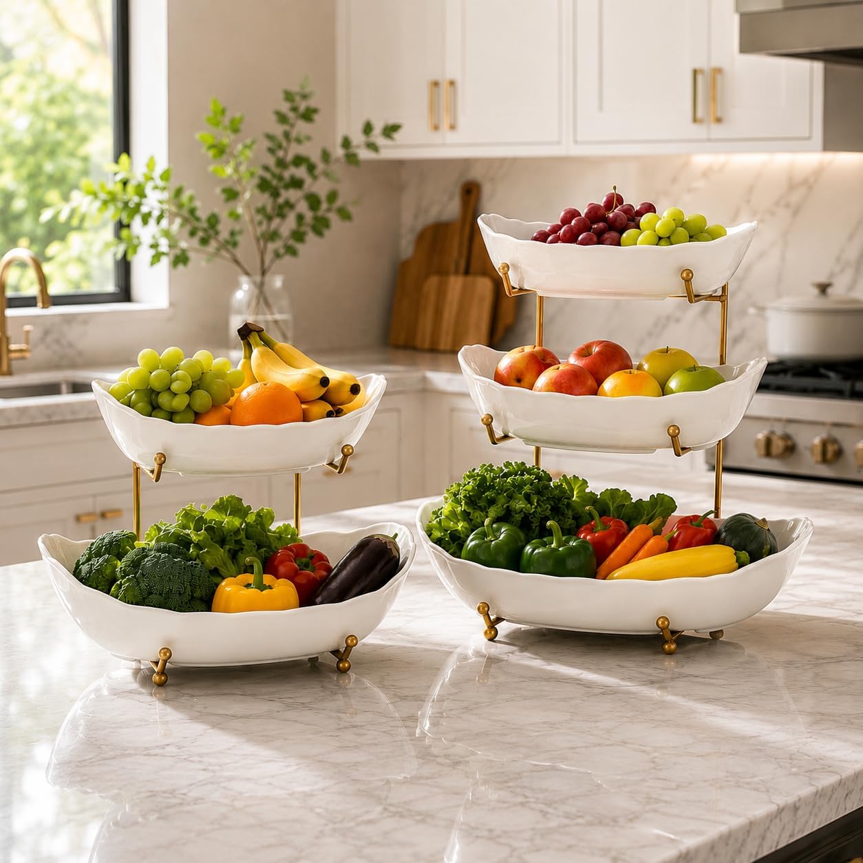  Large Fruit Bowl for Kitchen Counter - 3 Tier Fruit Basket with Gold Metal Stand, Ceramic Fruit Holder, Tiered Serving Trays for Party thumbnail