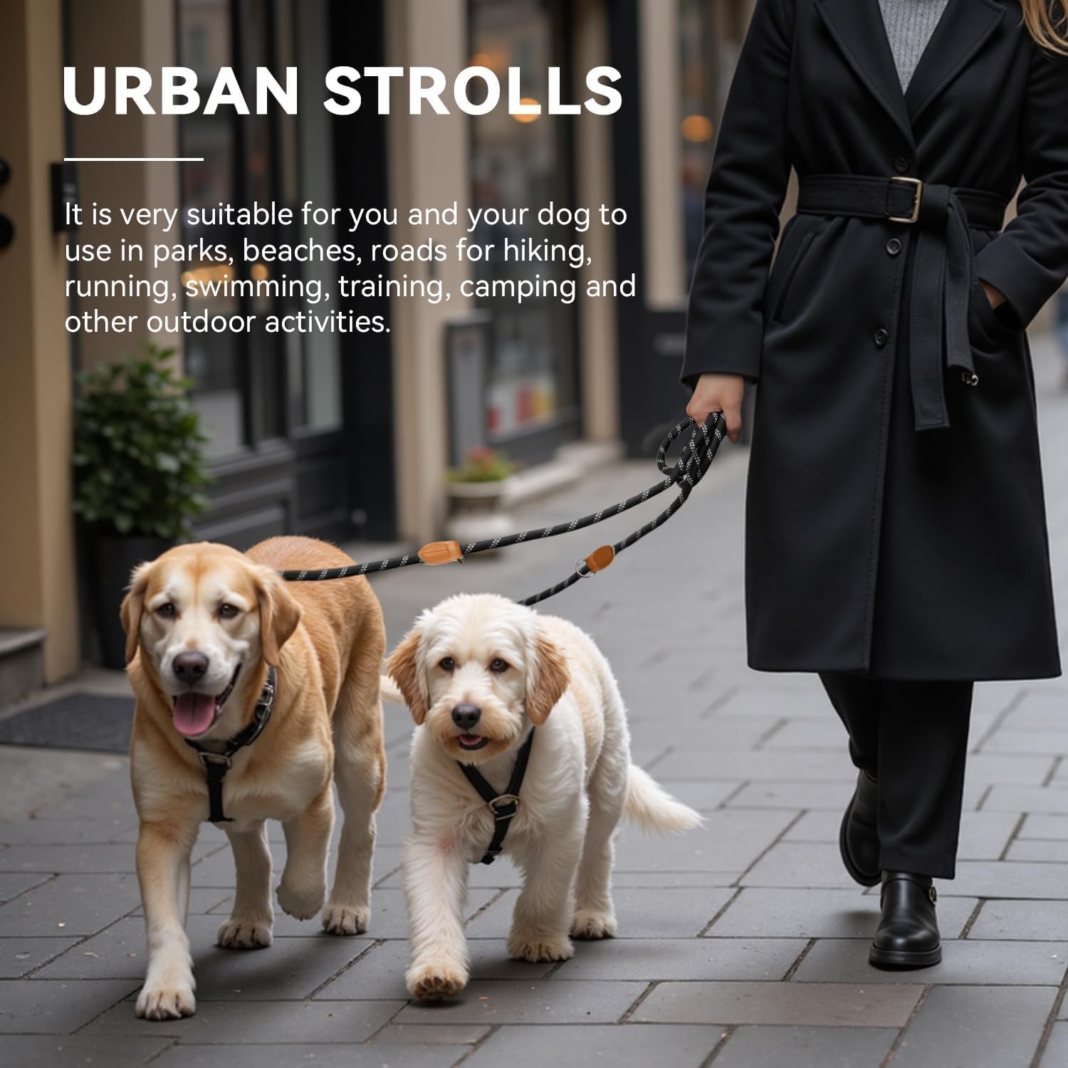 PETCOOZ Guinzaglio Doppio per Cani, Guinzaglio per Cani 3M Regolabile con Fino Riflettente, Multifunzione e Resistente per Cani Piccoli, Medi e Grandi, Nero e Bianco