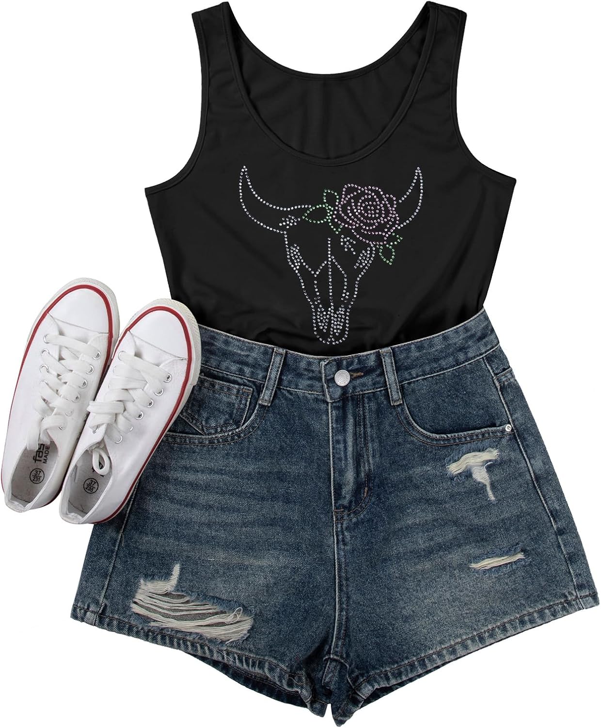 UNIQUEONE Boho Cow Skull Tank Tops Women: Cowgirl Shirt Rhinestone Western Country Concert Outfits Graphic Sleeveless Top - Image 5