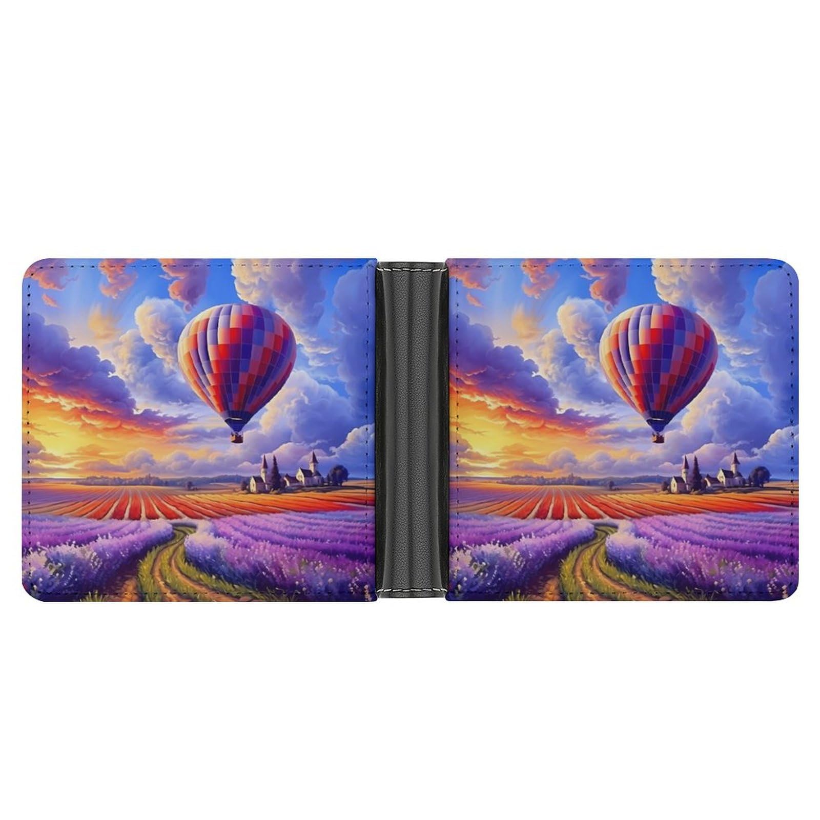Hot Air Balloons Over Lavender Flowers Bifold Wallet PU Leather Coin Purse Lightweight Credit Card Holder Wallet Money Clip
