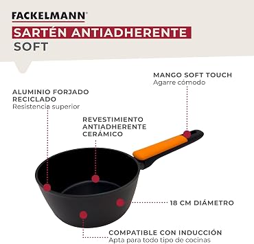 Fackelmann Soft Non-stick Saucepan 18 cm, Forged Aluminum, Greblon Ceramic Coating PFA Free, Suitable for Induction, Vitro, Gas and Oven, Soft Touch Heat Resistant Handle, 1 pc.