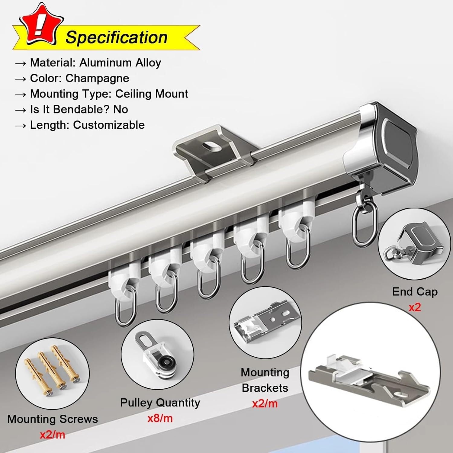 Aluminiowy system szyn do ciężkich nawierzchni - wyciszony pręt rozdzielający pomieszczenie Adjuble 2 m szyna do montażu sufitowego i armatura do cięcia prosta konstrukcja dla łatwego wkładania
