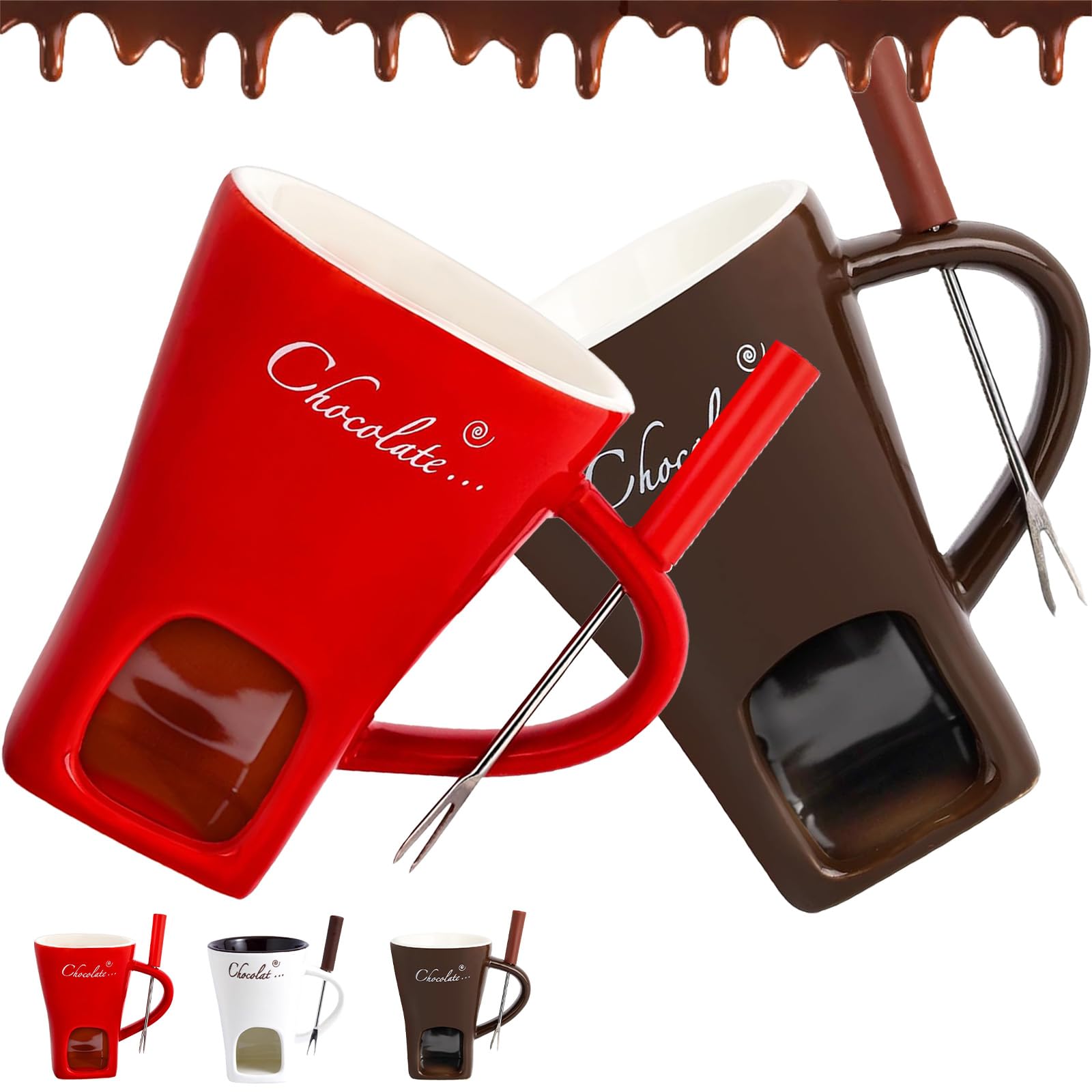 Chocolate Melting Cup, Chocolate Fondue Mug with Forks, Ceramic Butter Warmers Pot Set, Fondue Cup with A Tealight, Ideal Gifts for Christmas Birthday Date Night Wedding Gifts (B+C)
