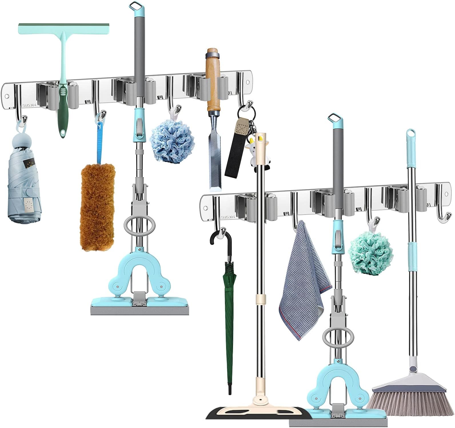 2 Pack Mop and Broom Holder, Broom Holder Wall Mount, Broom Organizer Wall Mount, Stainless Steel Broom Holder with 3 Racks and 4 Hooks, Mop Holder for Home Kitchen Office Garden Garage