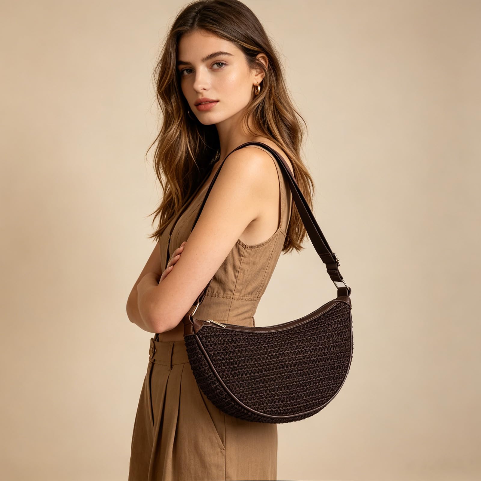 Gladdon Borsa a tracolla da donna, in paglia, a mezzaluna, intrecciata, estiva, leggera, da spiaggia