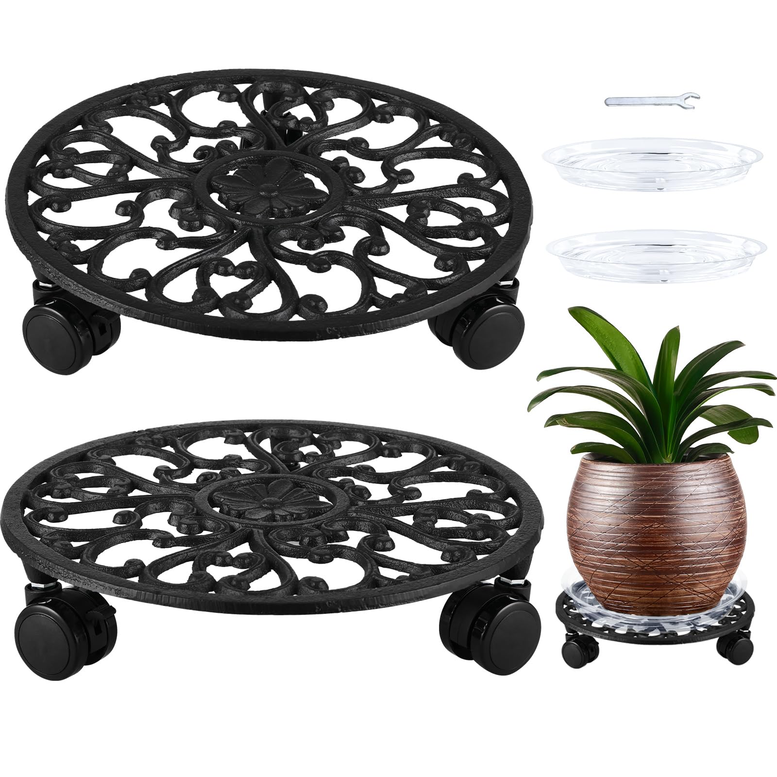 2 Packs 11 Inch Rolling Plant Stand with Wheels Wrought Iron Rolling Plant Stand with Casters Heavy Duty for Indoor Plants Rollers with Plant Saucers, Metal Round Plant Dolly